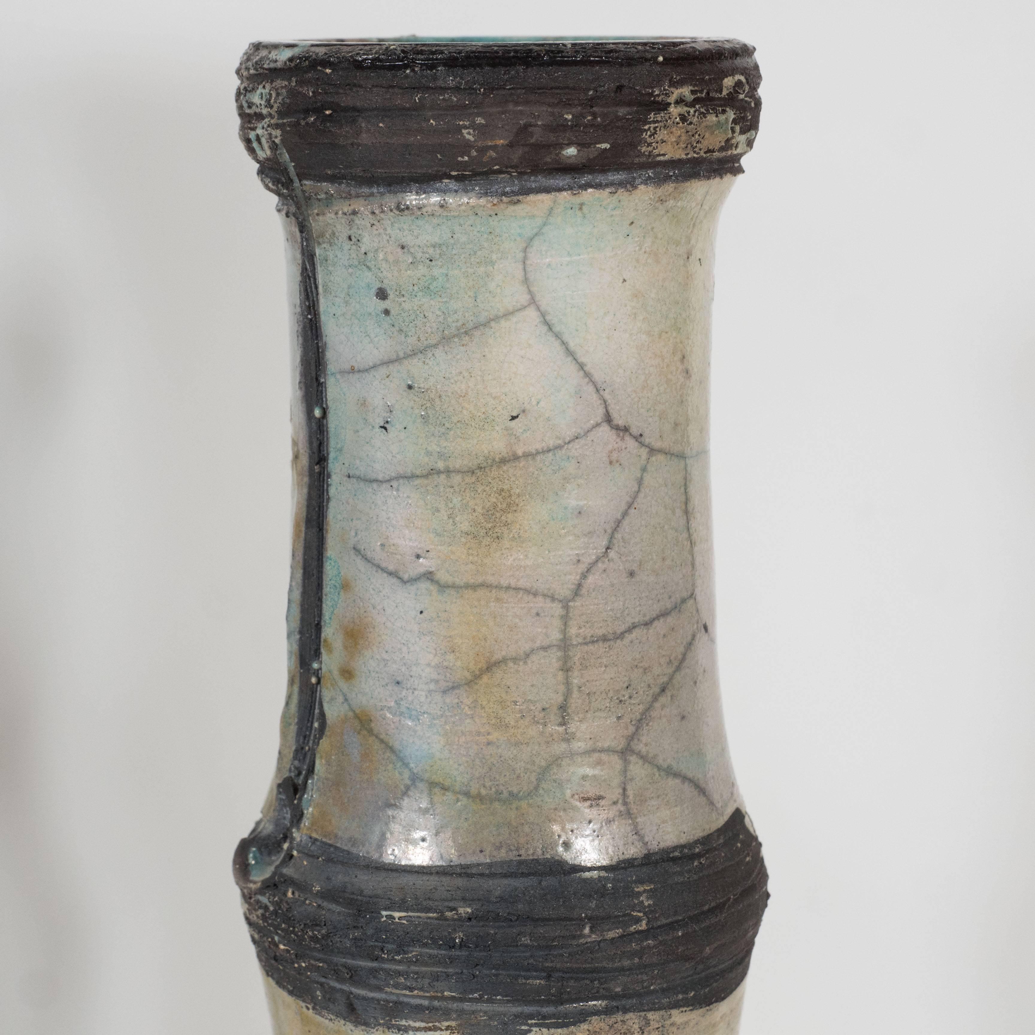 Three Ceramic Vases, Bamboo Pattern, Vallauris Raku For Sale 1