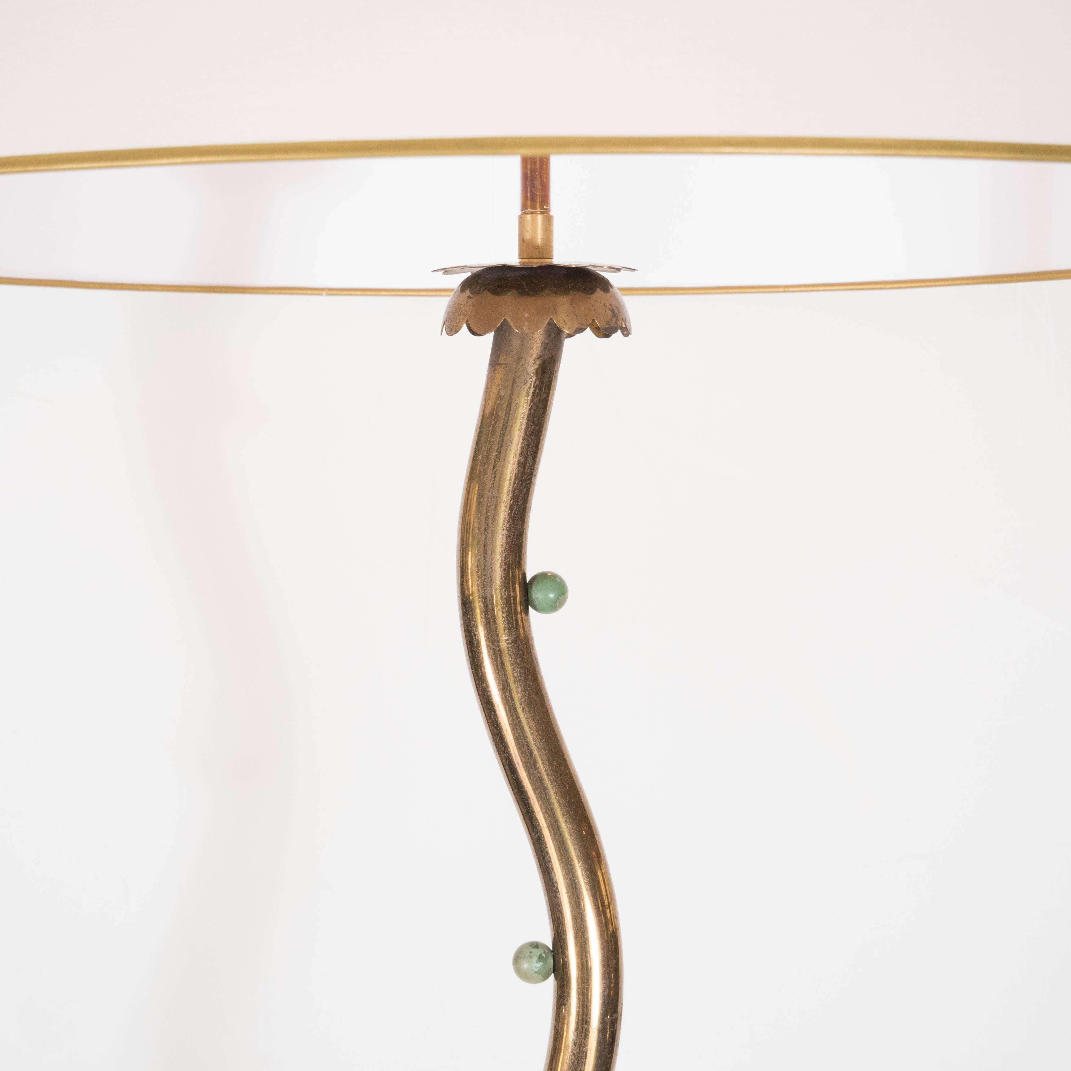 Large Fontana Arte tole floor lamp, glass base with metal serpentine support with green ball detail.