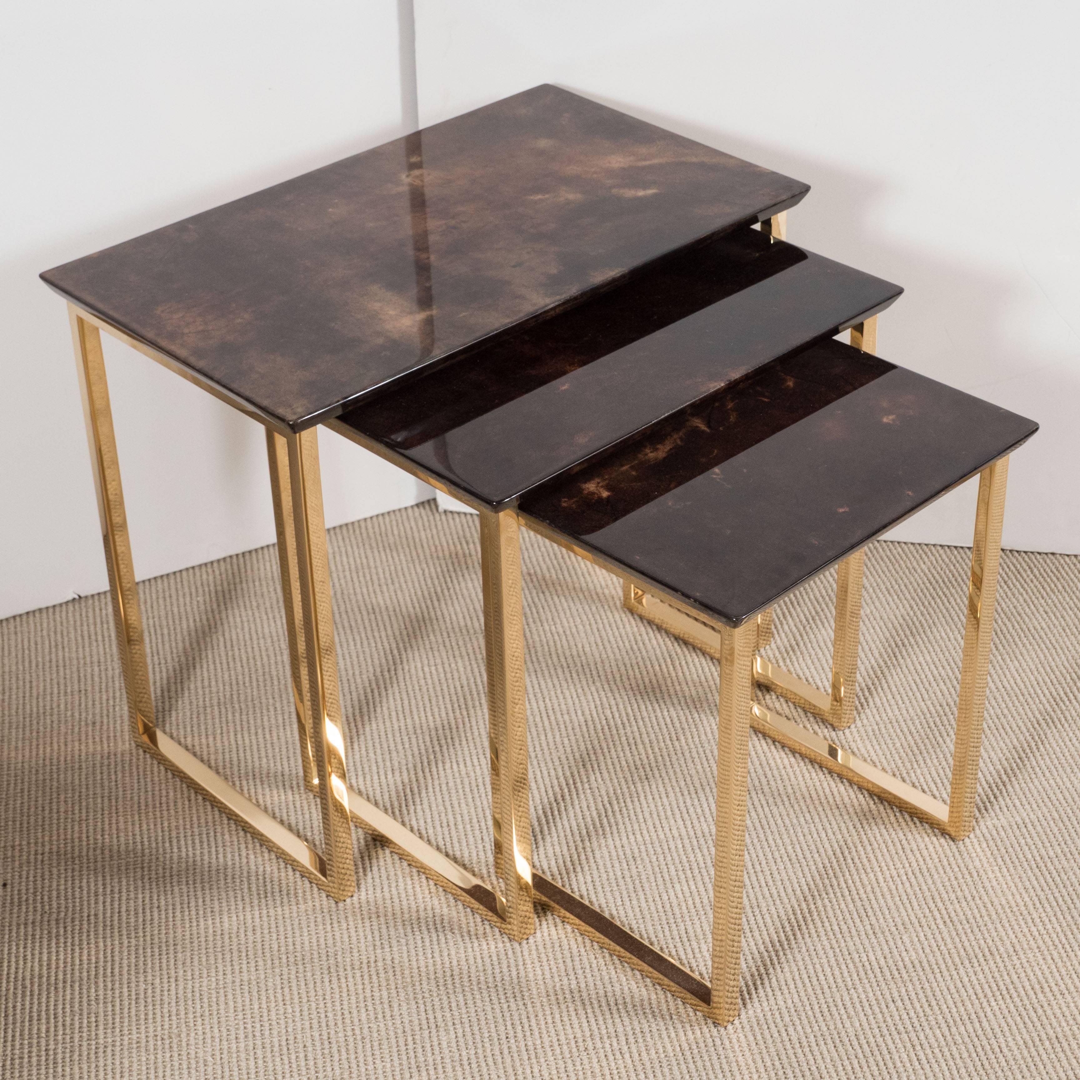 Set of Three Aldo Tura Parchment Rectangular Nesting Tables W/ Polished Bronze   In Excellent Condition In New York, NY