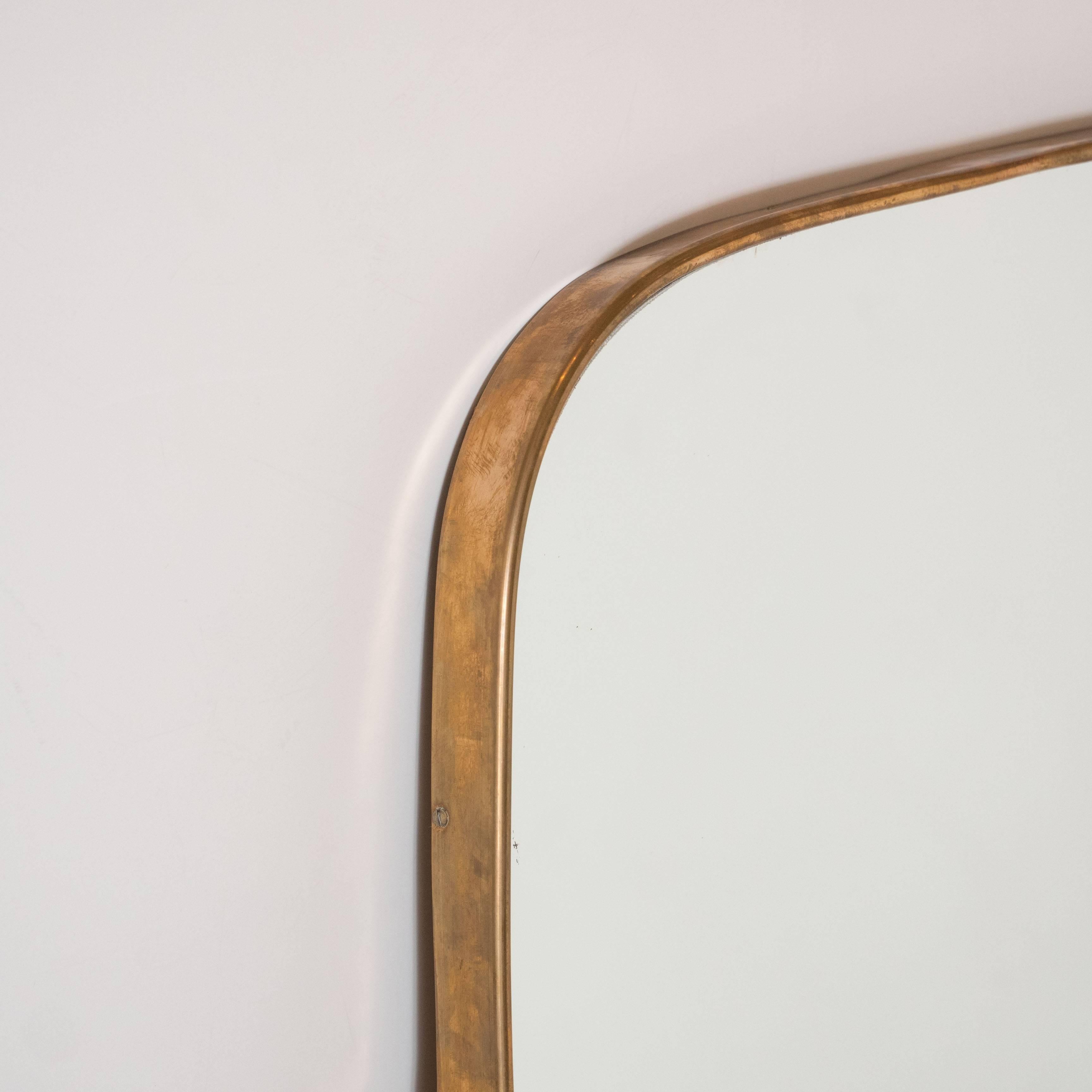 Brass Italian Modernist Mirror in a Cushion Shape