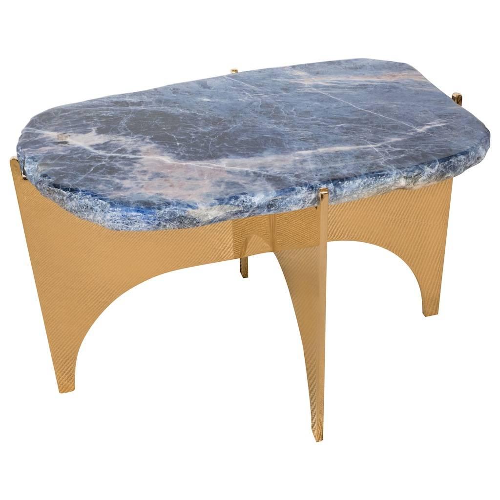 Sodalight Gemstone Top Table with Mirror Polished Bronze Base For Sale