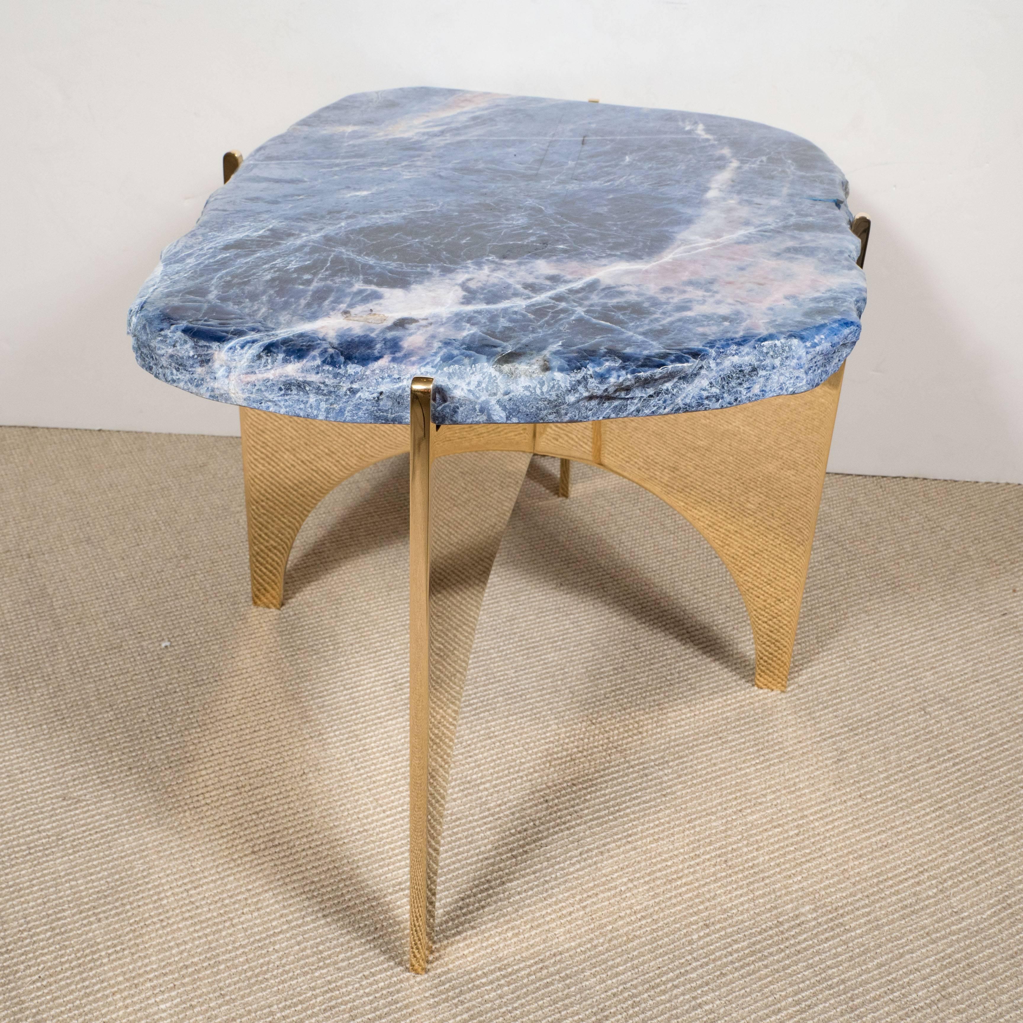 Other Sodalight Gemstone Top Table with Mirror Polished Bronze Base For Sale
