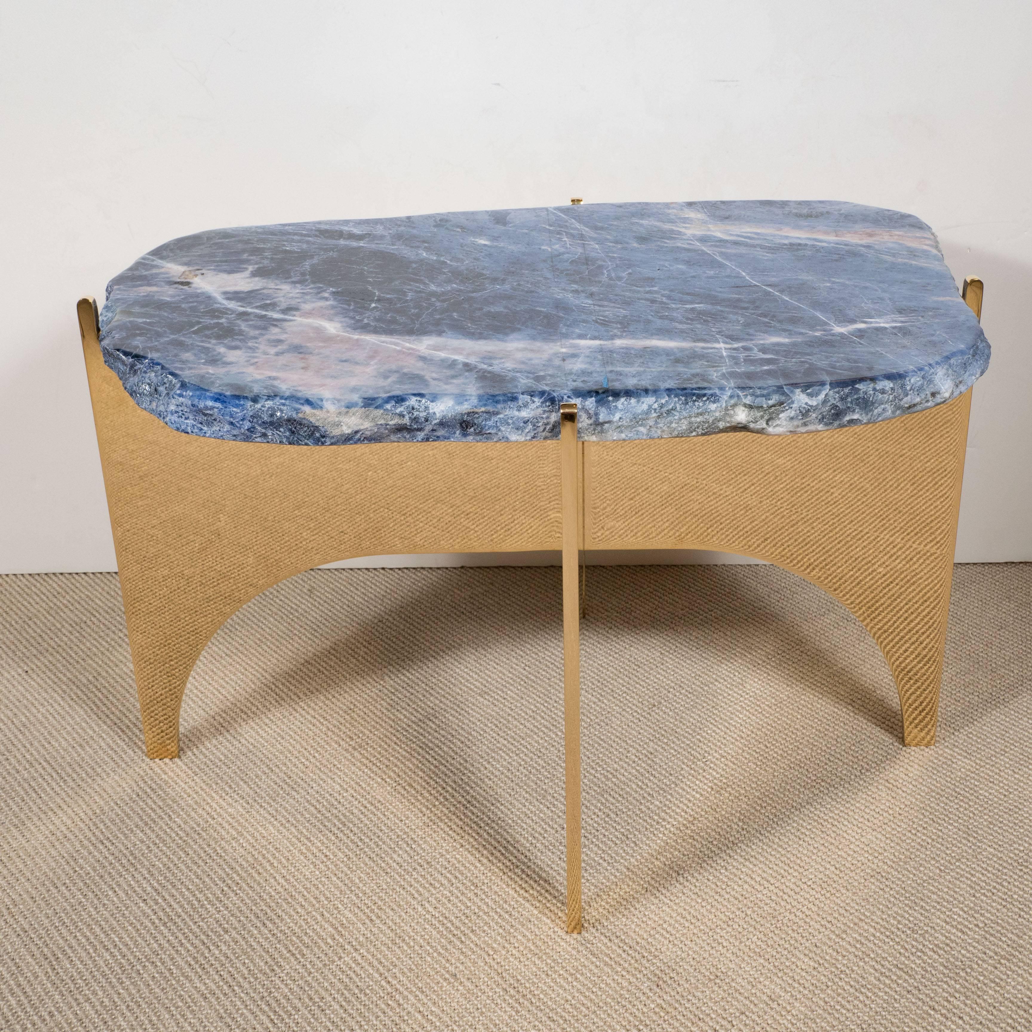 American Sodalight Gemstone Top Table with Mirror Polished Bronze Base For Sale