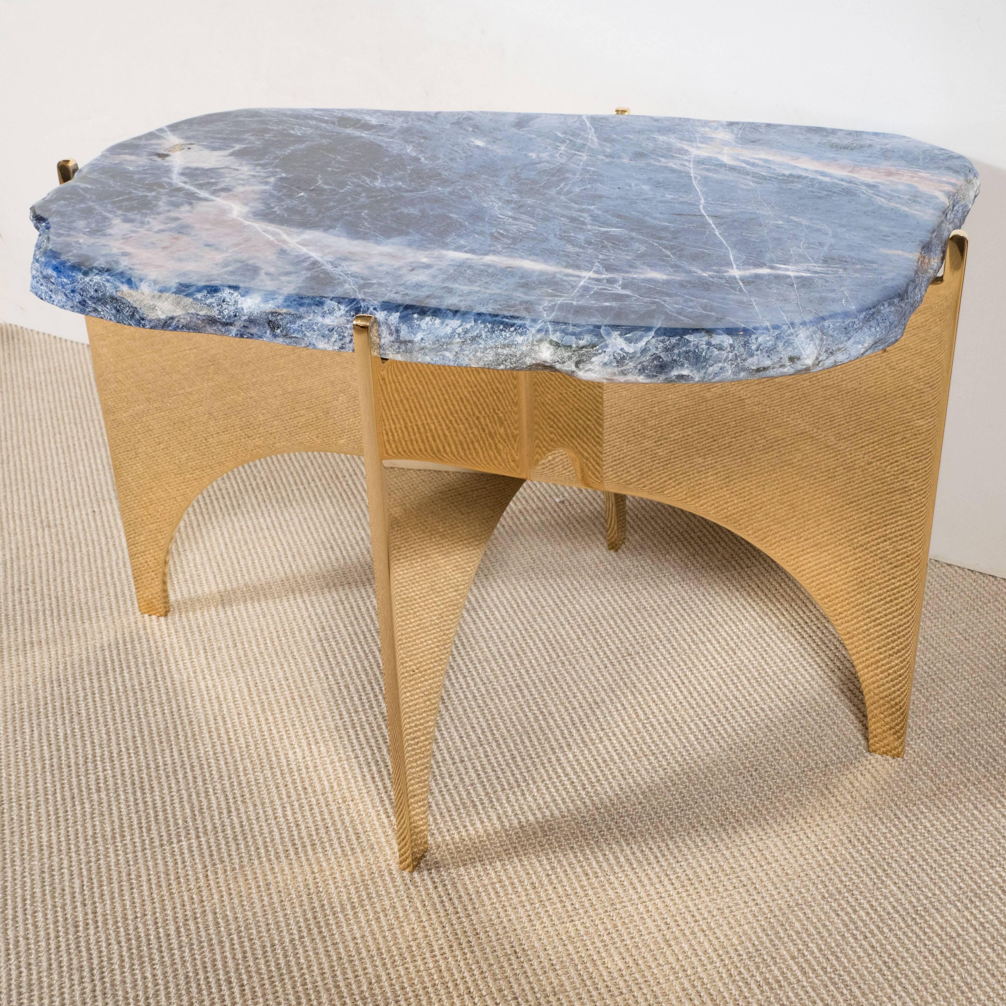 Sodalight Gemstone Top Table with Mirror Polished Bronze Base In Excellent Condition For Sale In New York, NY