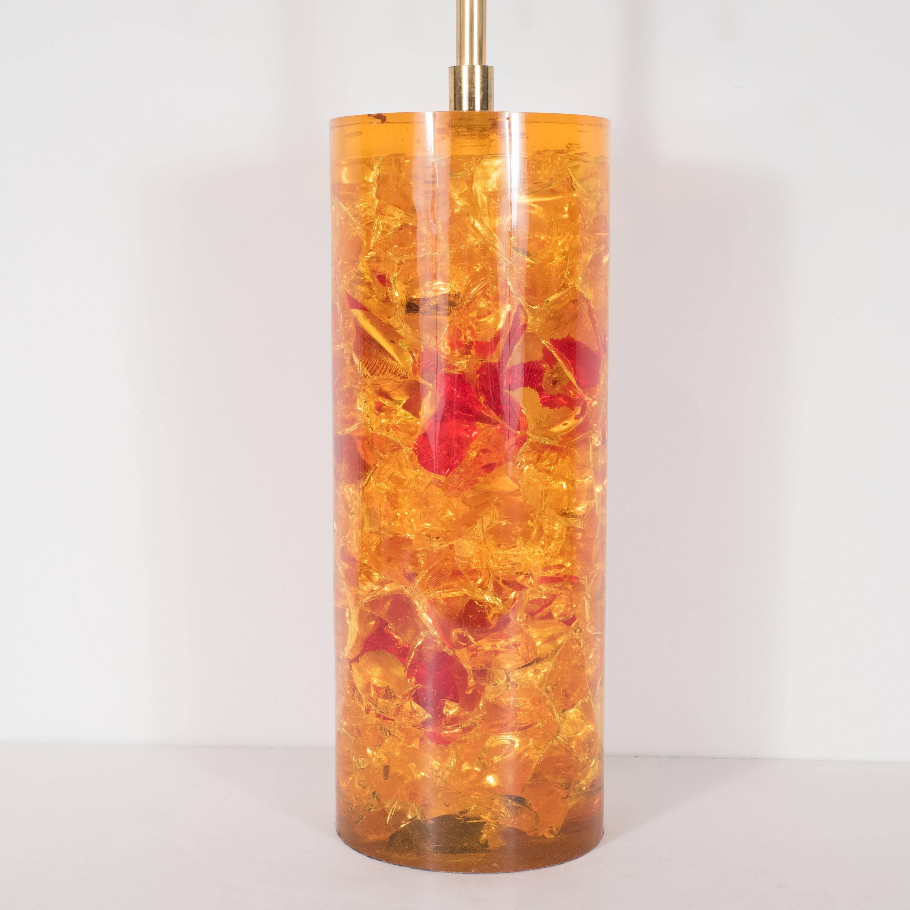 Mid-Century Modern Cast Amber Crackled Resin Column Table Lamp For Sale