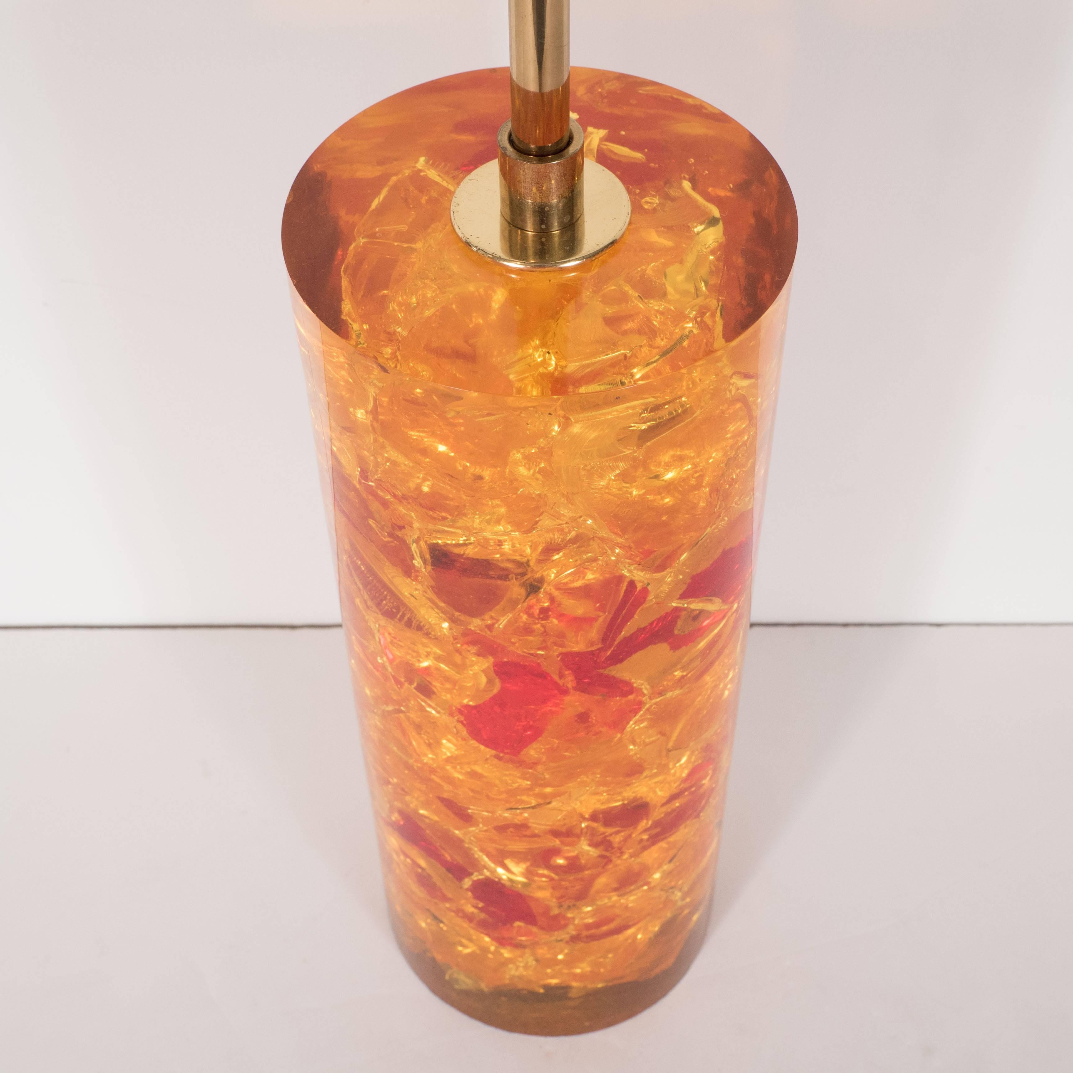 French Cast Amber Crackled Resin Column Table Lamp For Sale