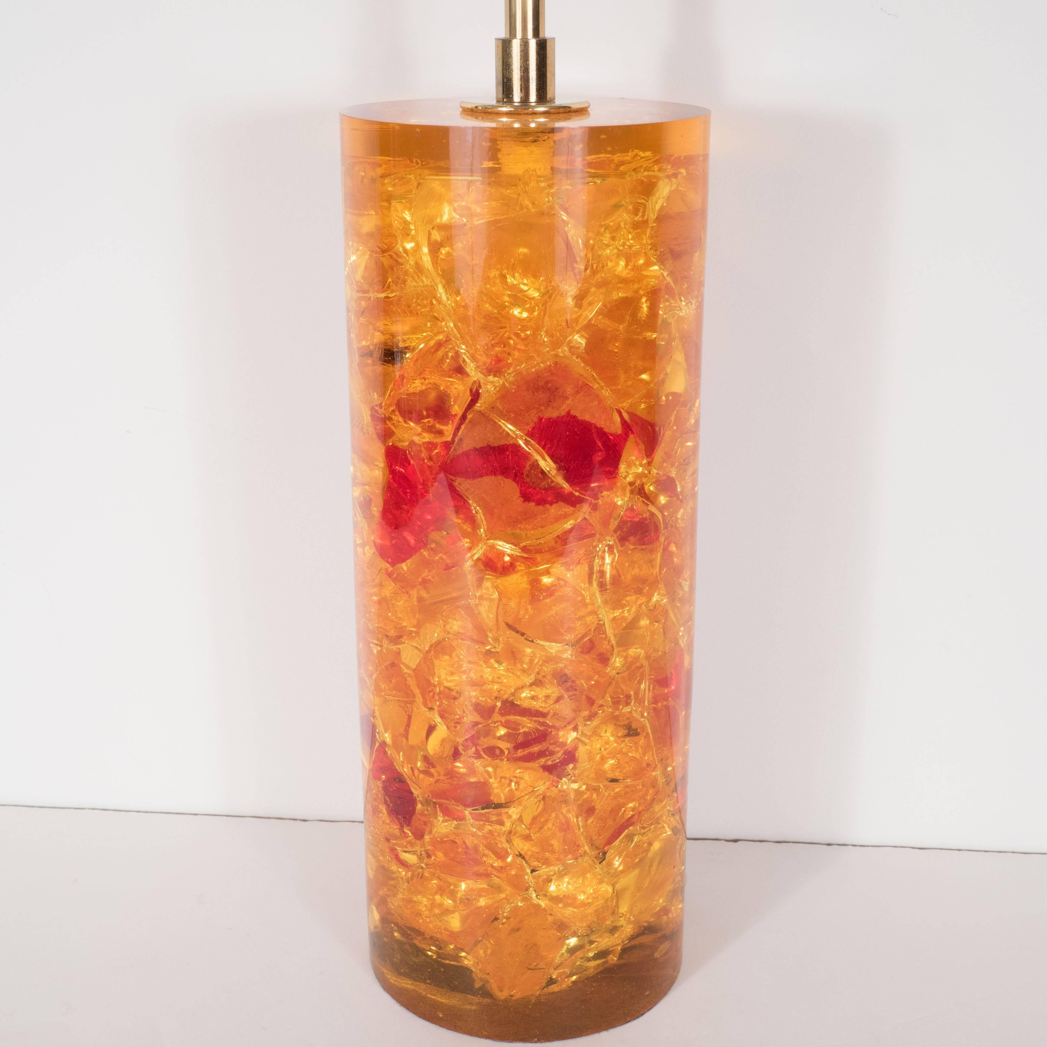 Cast Amber Crackled Resin Column Table Lamp In Excellent Condition For Sale In New York, NY