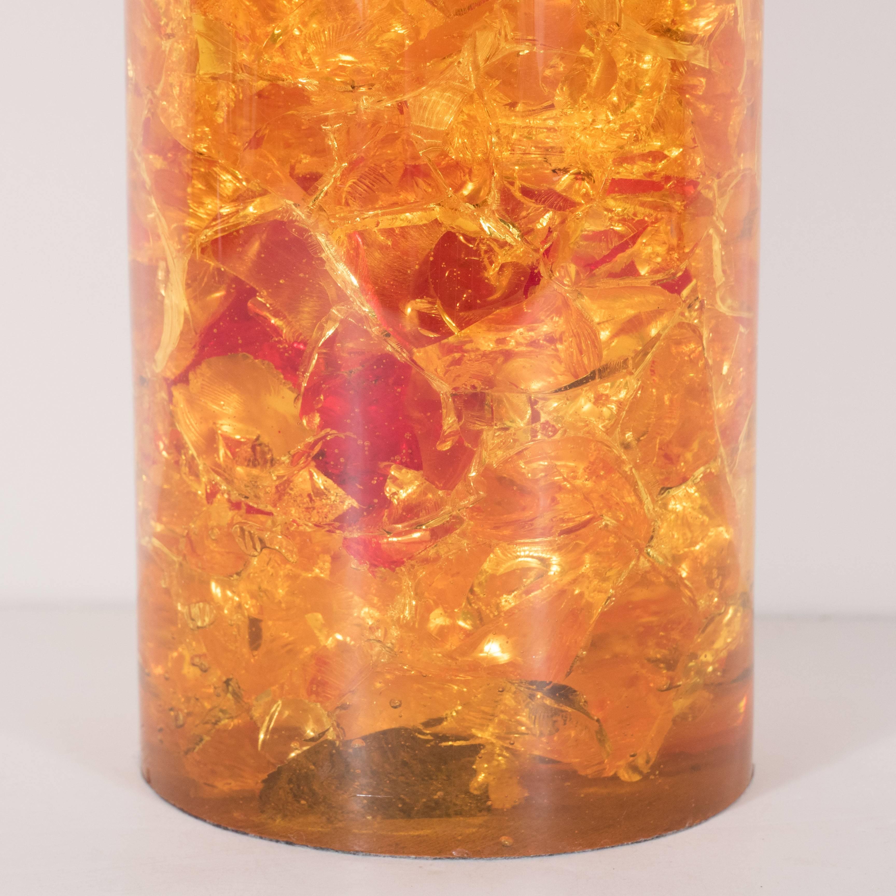 Mid-20th Century Cast Amber Crackled Resin Column Table Lamp For Sale