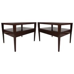 Pair of Two-Tiered Rectangular Wooden End Tables with drawer, 1950s style