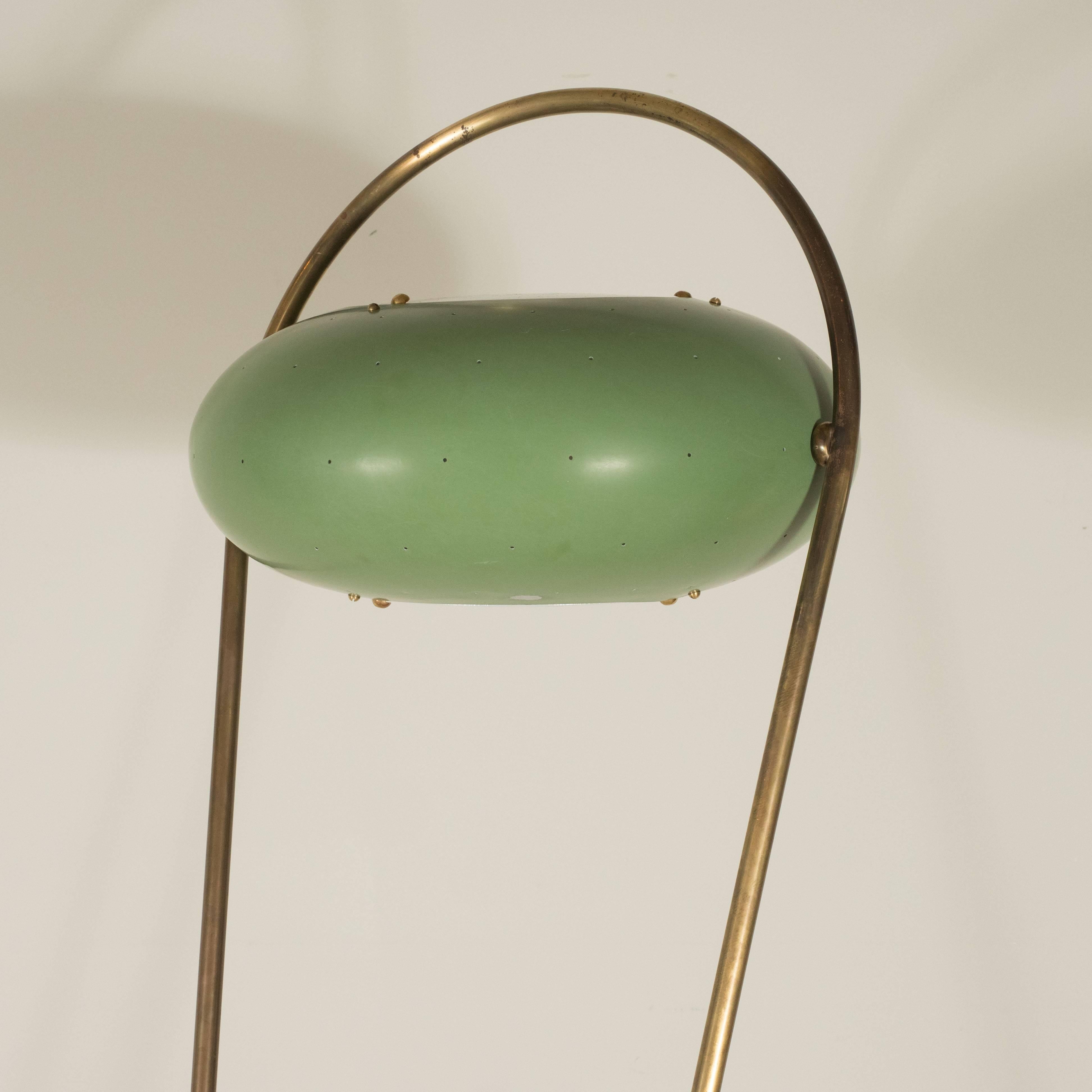 Italian Stilux Brass Floor Lamp with Green Tole Shade, Italy For Sale
