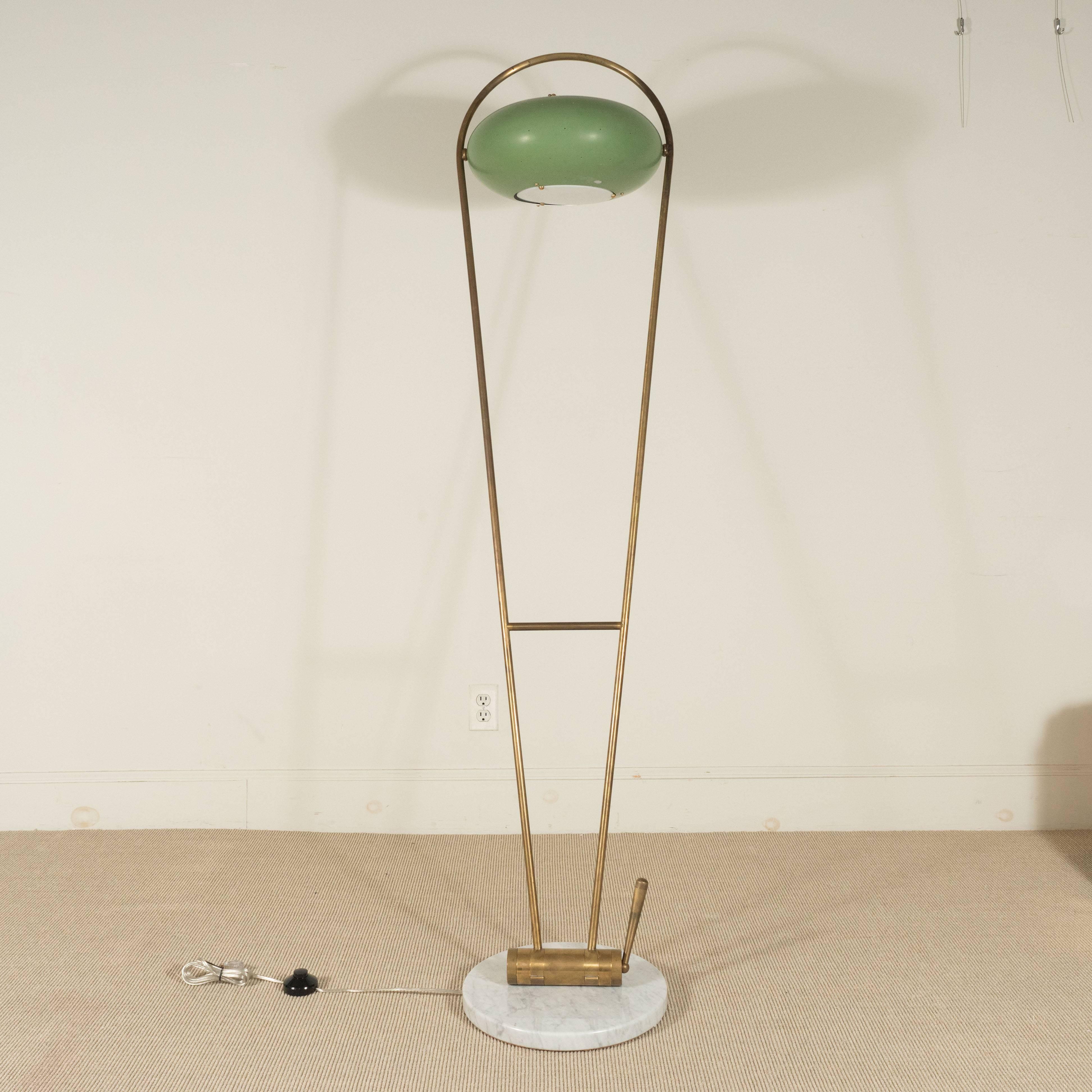 Stilux brass floor lamp with green tole shade and marble base, Italy 
  