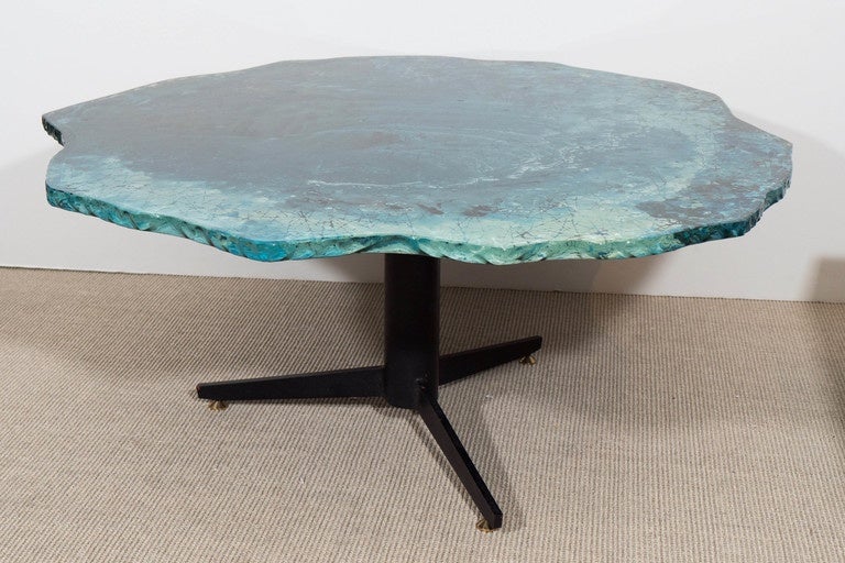 Rare Coffee Table by Duilio Bernabé called Dubé, Brass lacquer base,
blue glass top with free form edge, with abstract patterns and gold etching, Fontana Arte, Italy, 1960