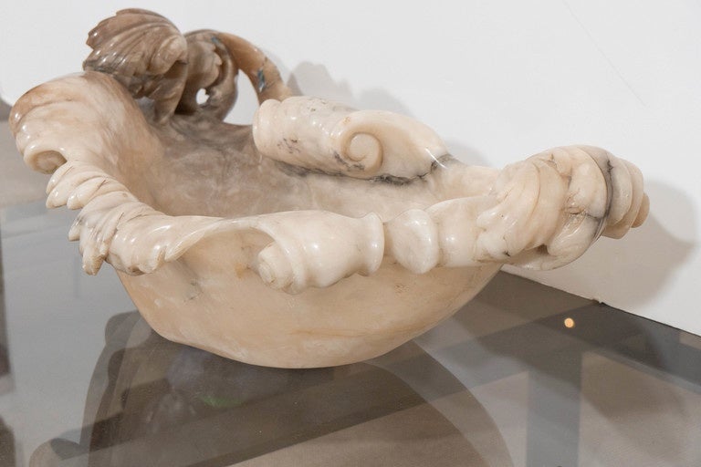 Large 19th Century Italian Alabaster Bowl with Baroque Wave and Scrolled Carving For Sale 2