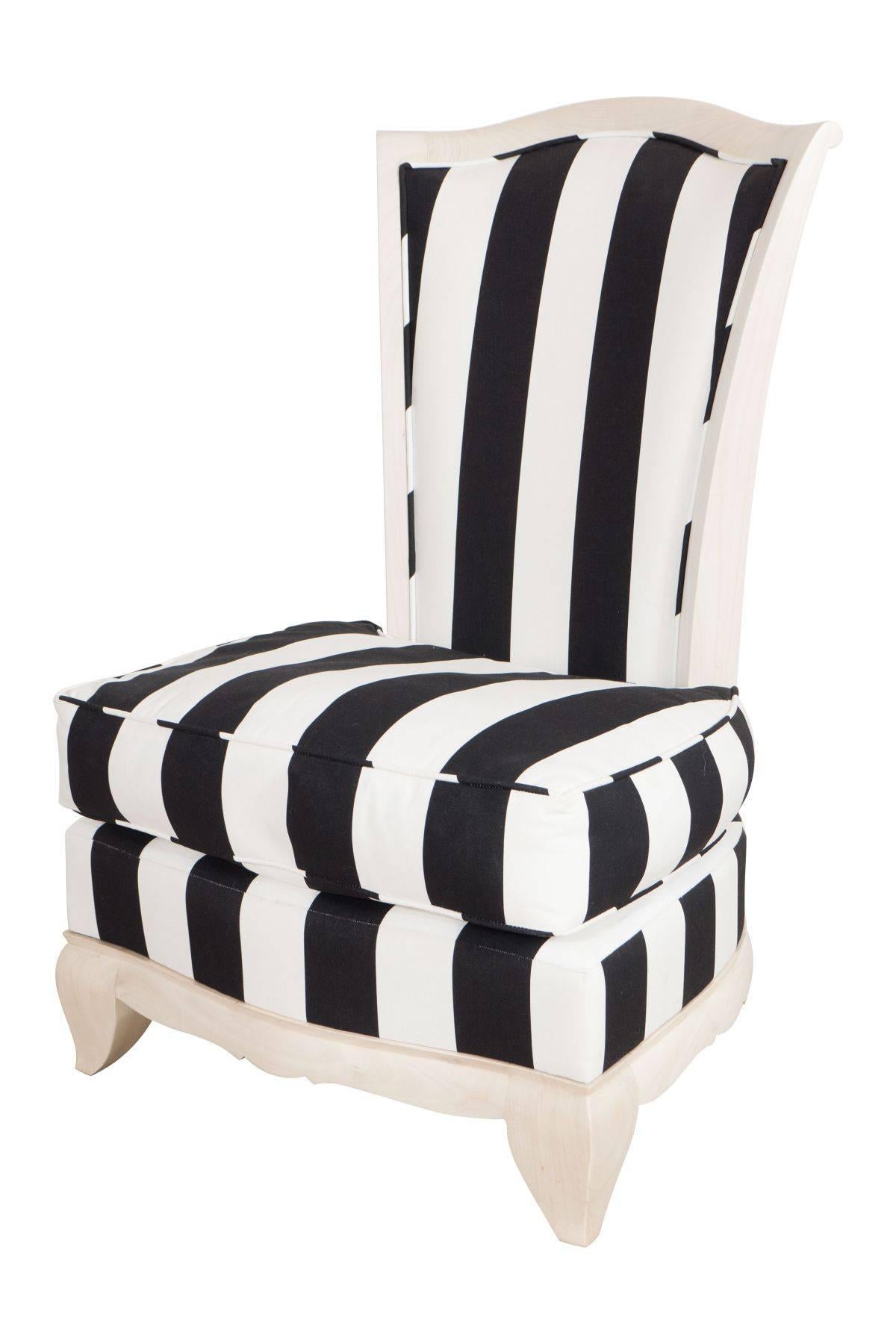 Pair of petite slipper chairs with light cerused oak frame, upholstered in bold black and white striped Marimekko fabric, France, circa 1940.