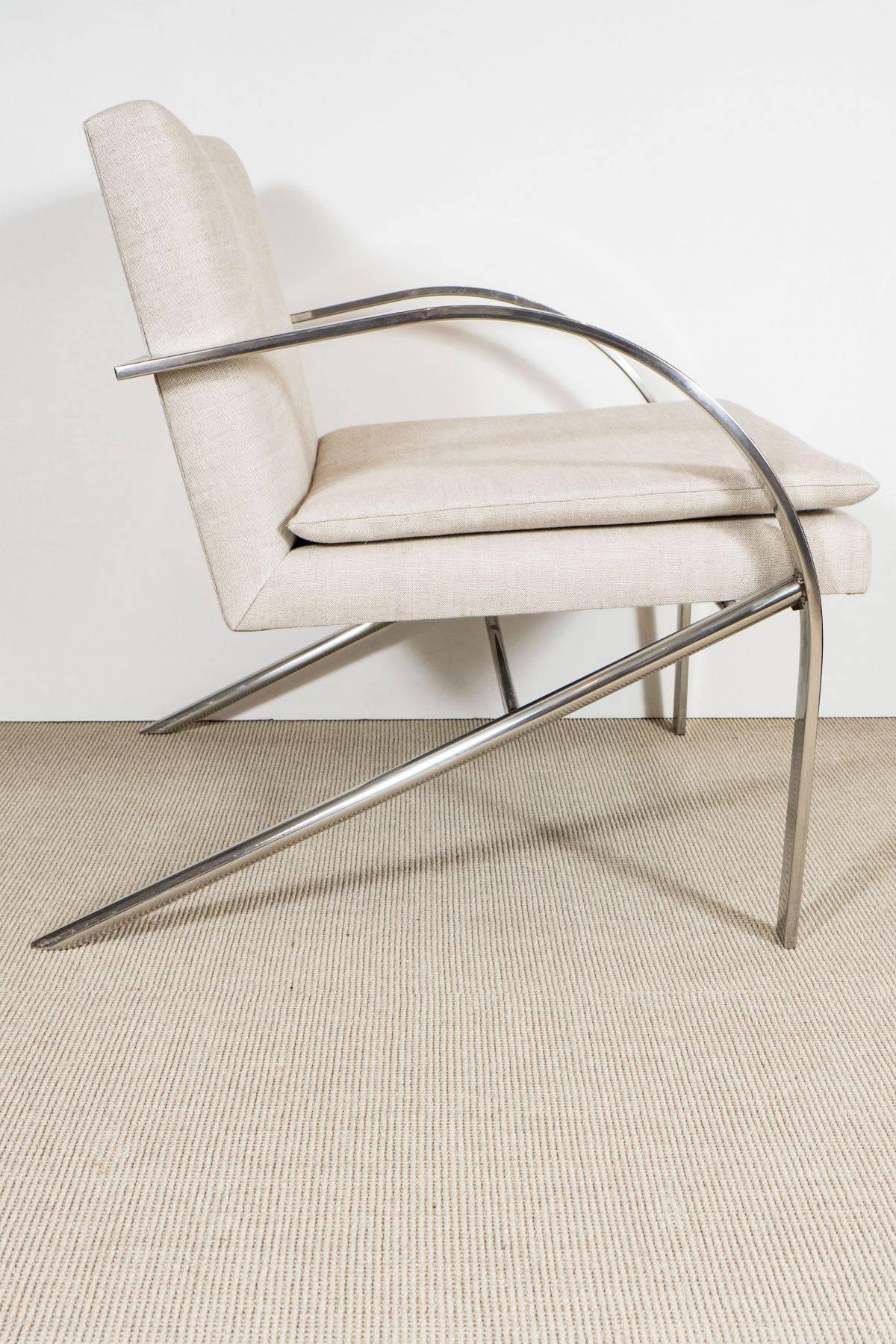 Paul Tuttle chrome chair with beige linen upholstery, circa 1950