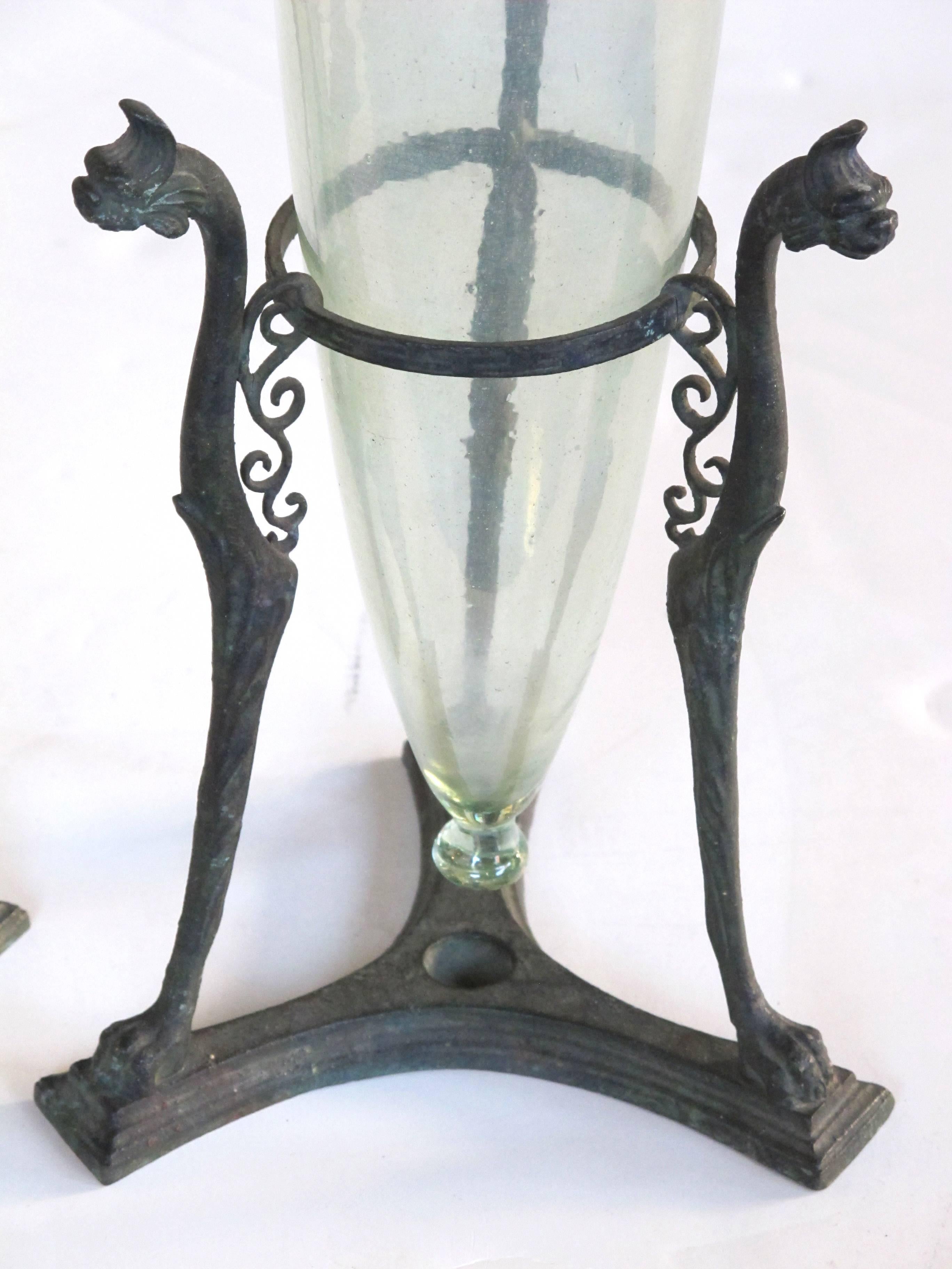 Pair of Italian Aqua Colored Glass Amphorae with Neopolitan Bronze Tripod Stands 1