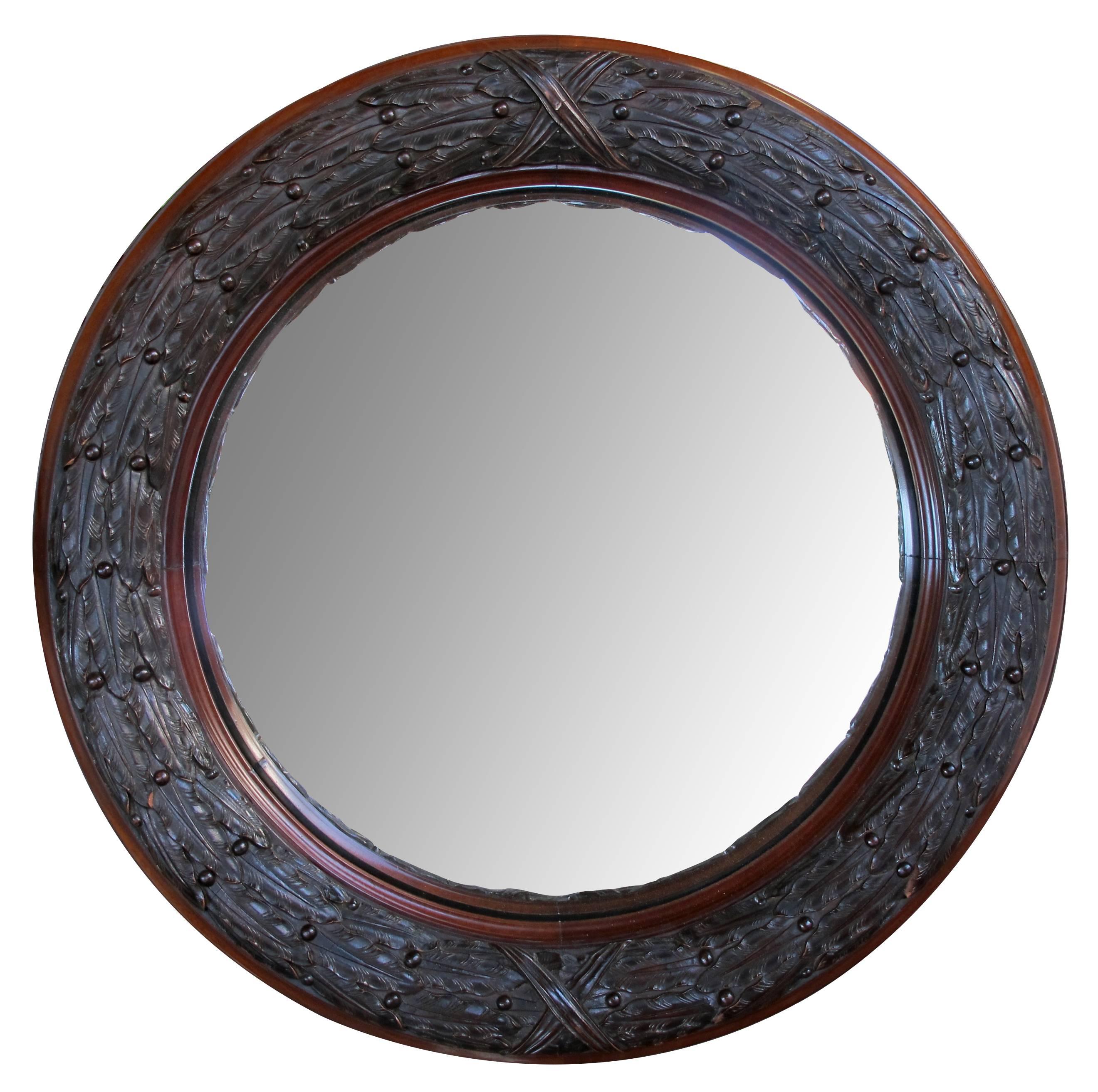 Well-Carved English Victorian Convex Mirror with Laurel Leaf Frame