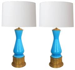 Colorful Pair of Italian Murano Sky-Blue Cased-Glass Lamps on Giltwood Bases