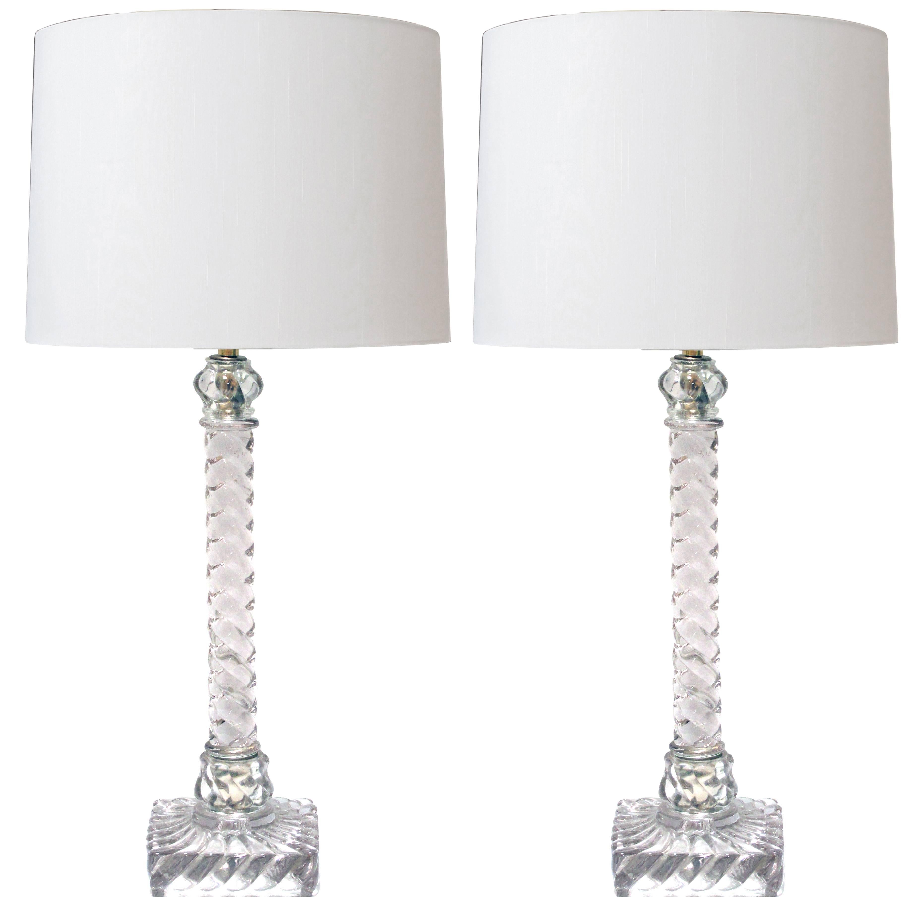 Good Quality Pair of American Lamps of Solid Spiraling Clear Glass For Sale