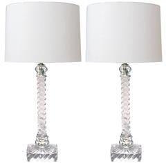 Good Quality Pair of American Lamps of Solid Spiraling Clear Glass 4