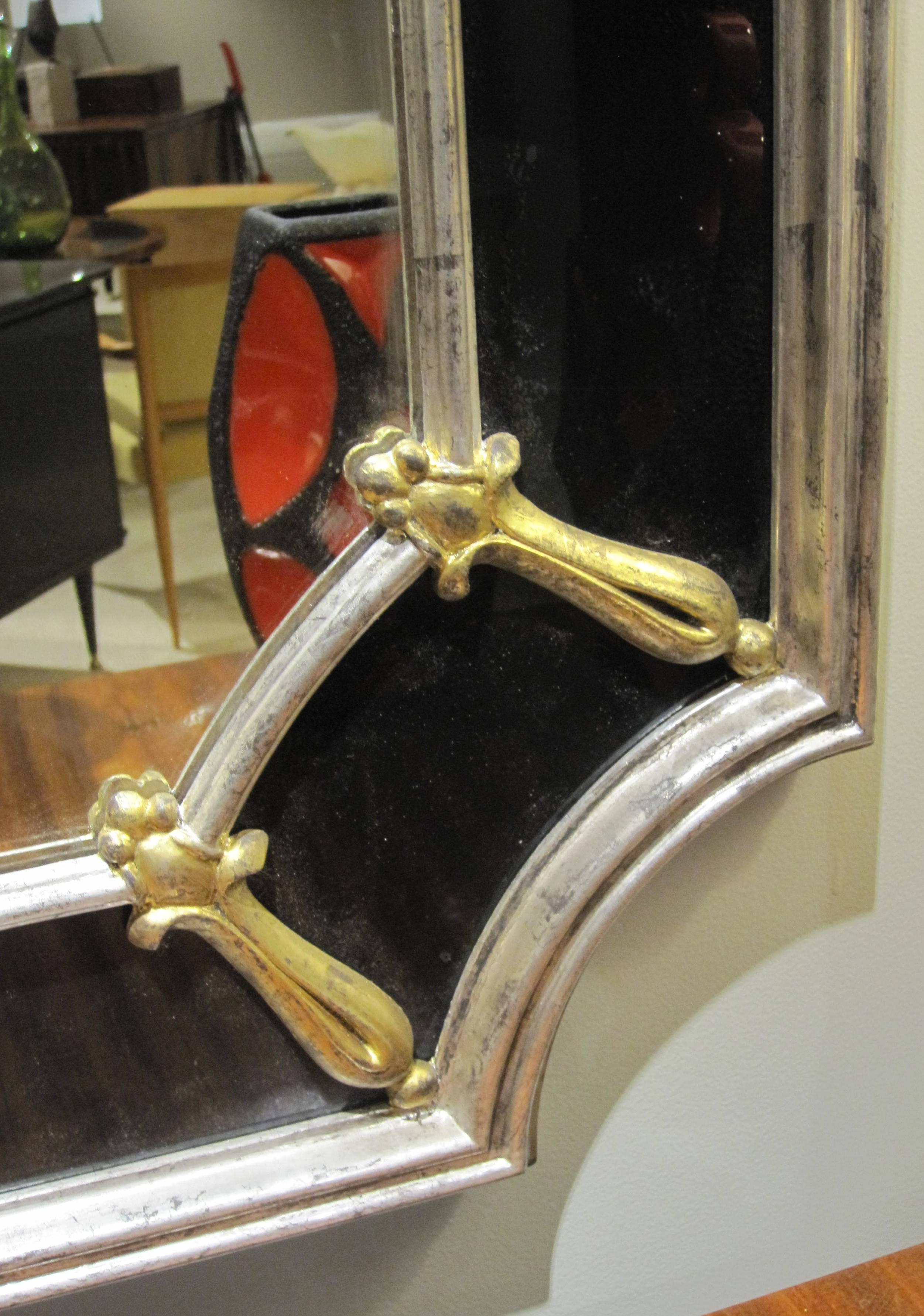 Glamorous American Hollywood Regency Silver Giltwood Mirror W Black Glass Border In Excellent Condition In San Francisco, CA