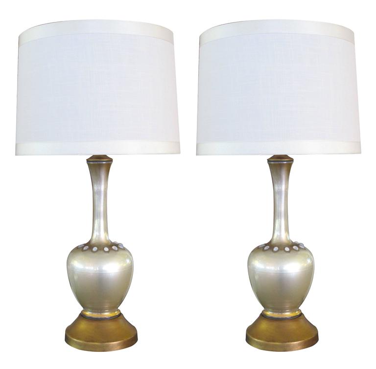 Chic Pair Of Murano Mid Century Pearl Glazed Boudoir Lamps For Chic Pair Of Murano Mid Century Pearl Glazed Boudoir Lamps For
