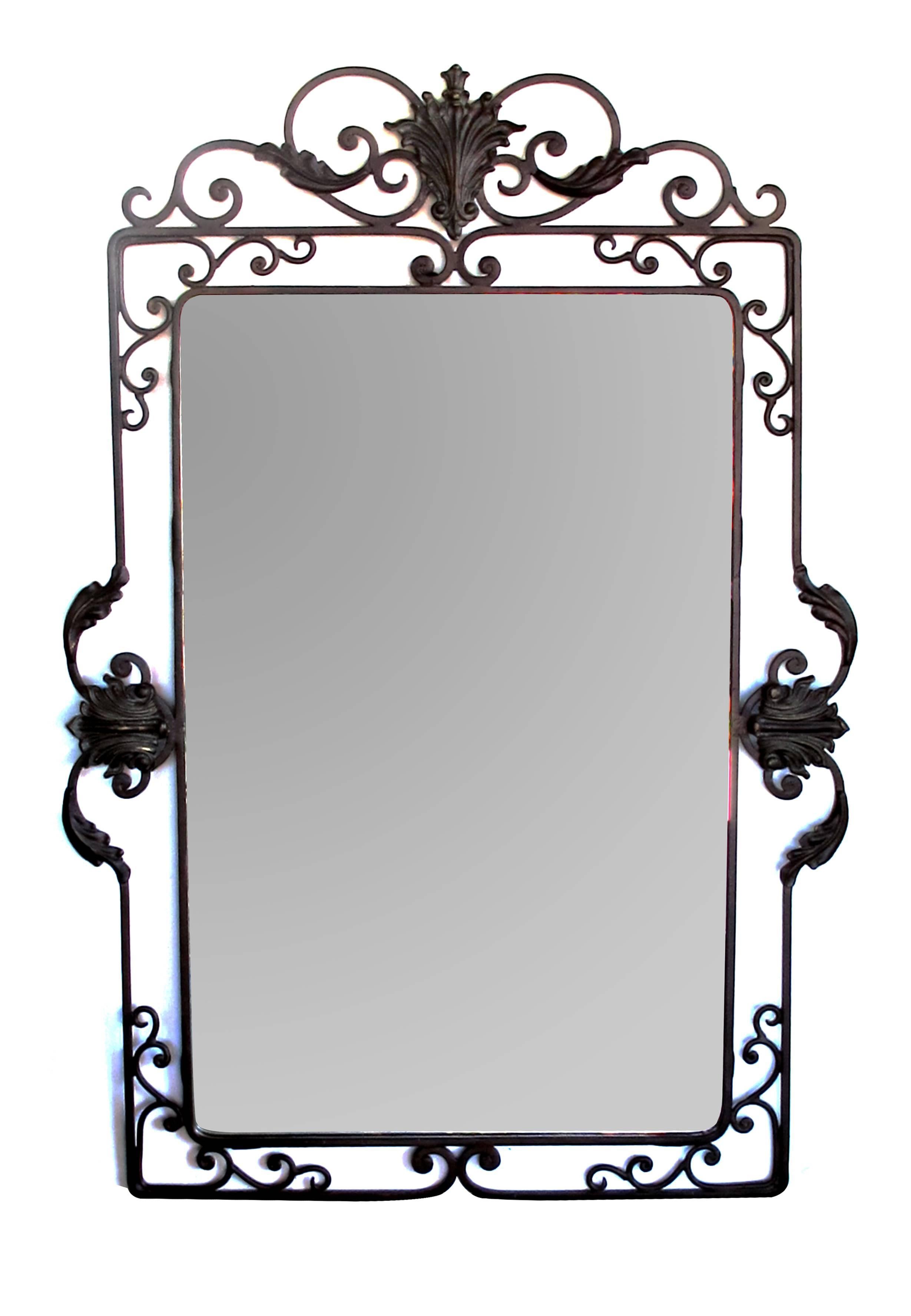 Well-Crafted French Art Deco Iron Scrollwork Mirror with Beveled Plate