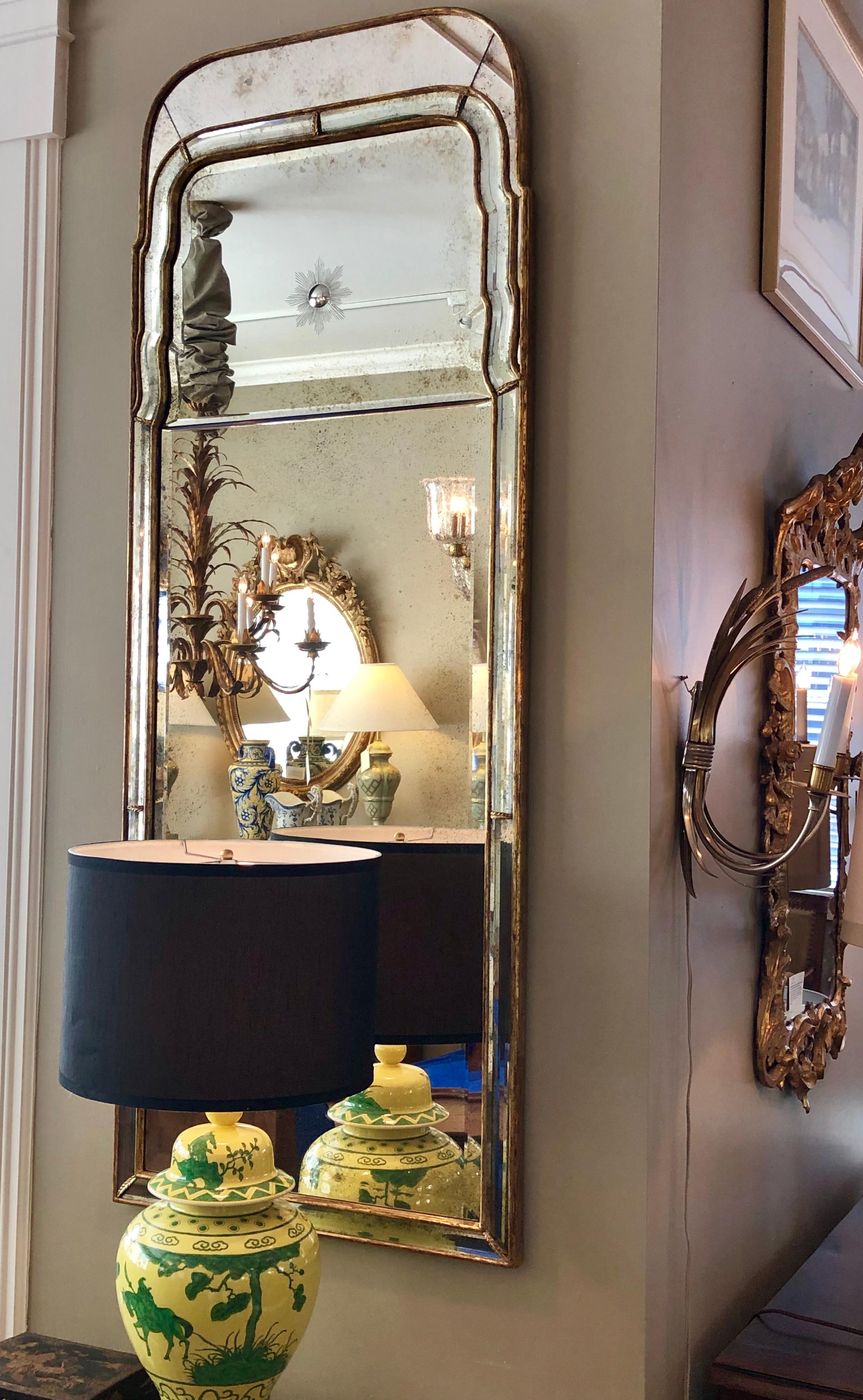 Pair of Queen Anne Style Giltwood Pier Mirrors with Mirrored Border and Sunburst 3