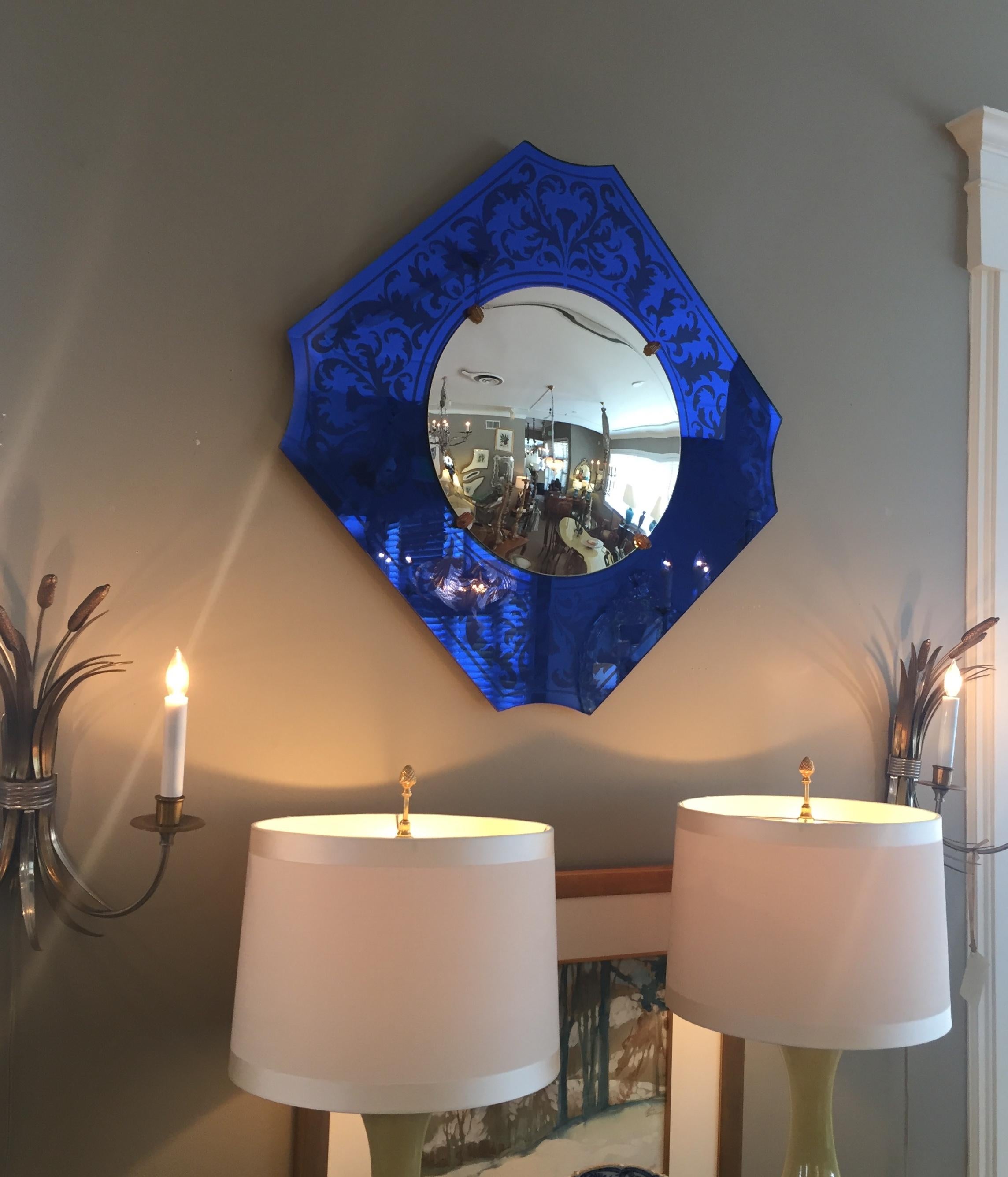 Mid-20th Century Stylish American Art Deco Bull's Eye Mirror with Etched Cobalt Blue Frame