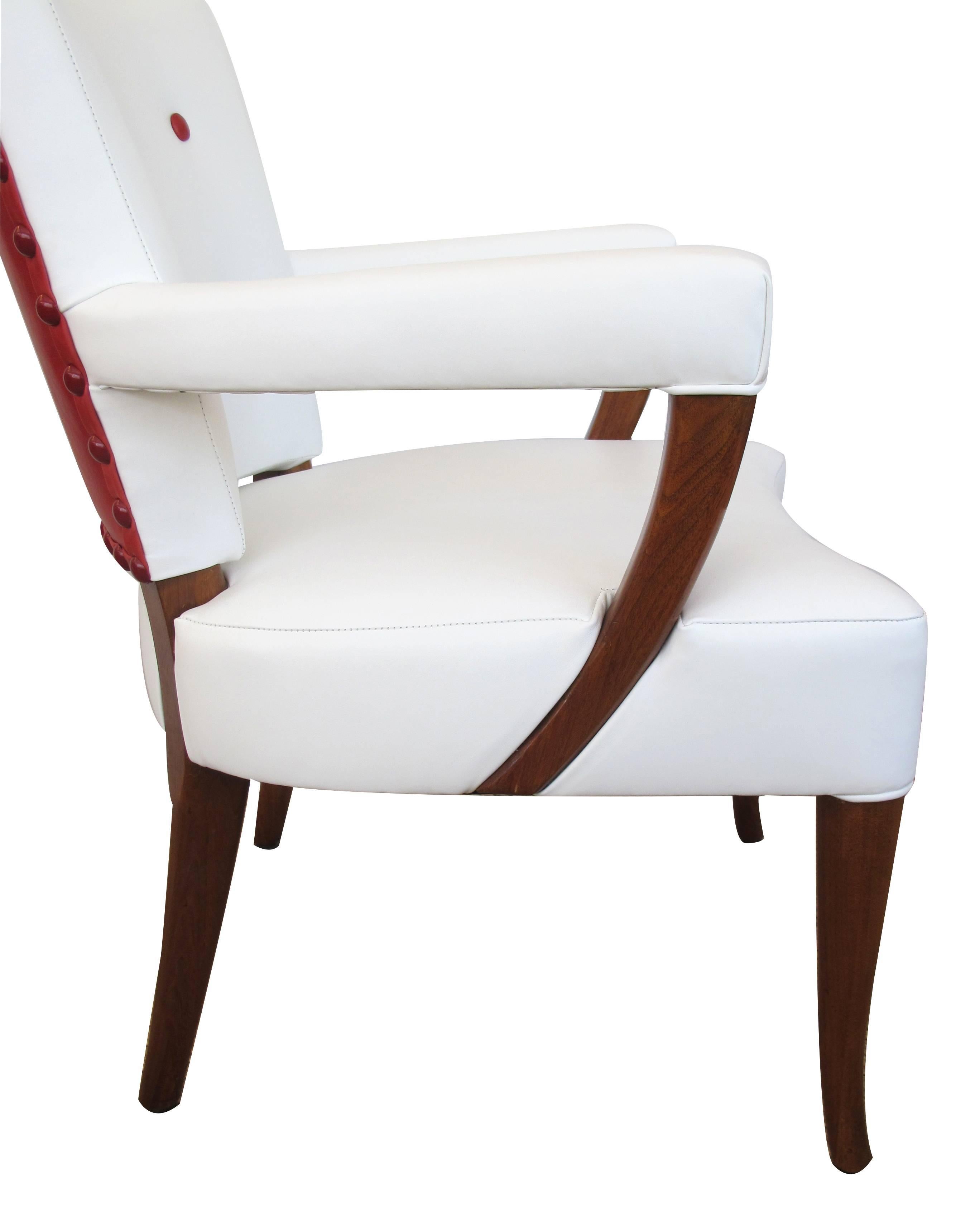 Mid-20th Century Stylish Set of Four American 1940s White and Red Leather Upholstered Game Chairs