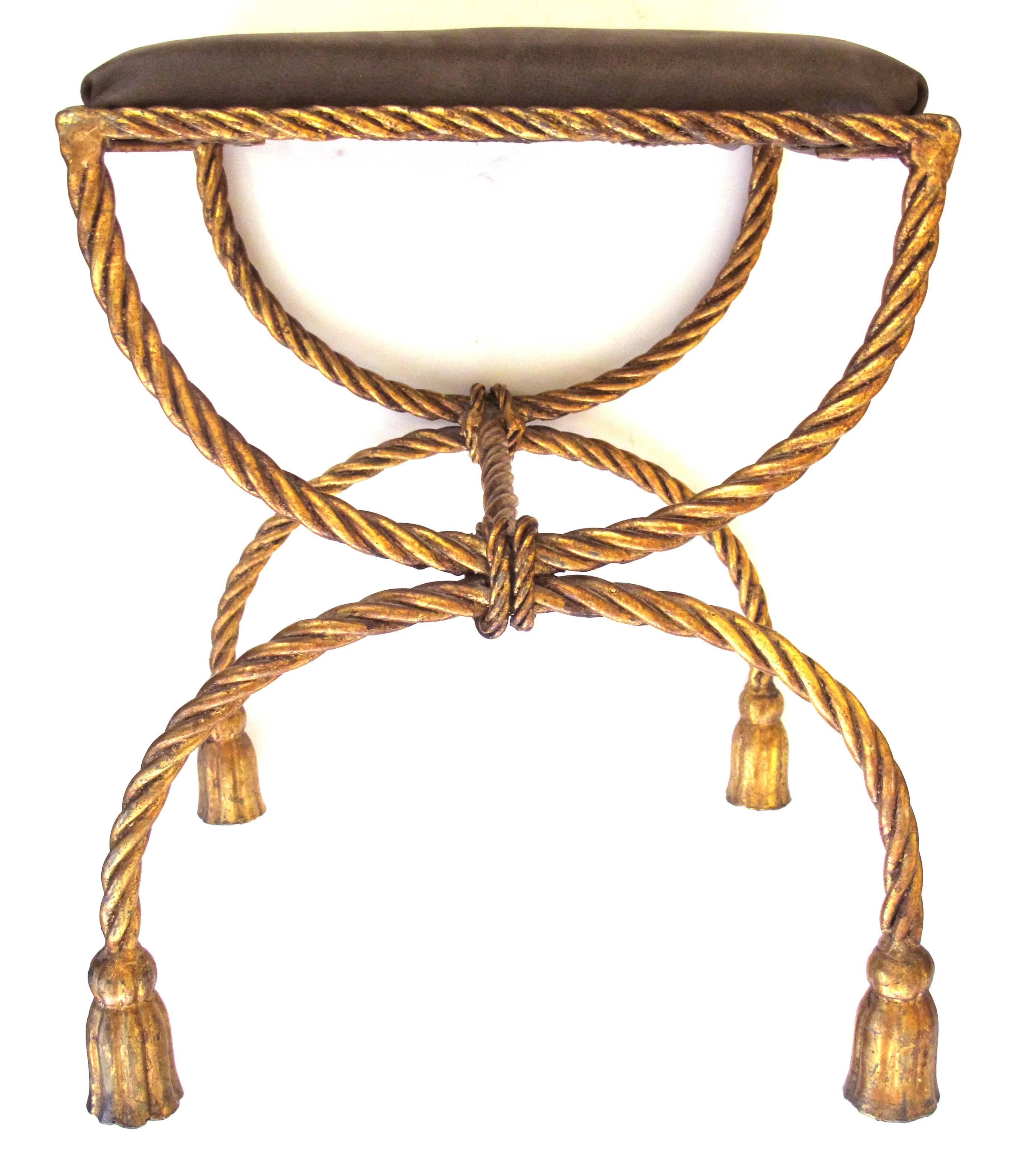 Shapely Italian 196's Gilt Iron Rope-Twist Curule-Form Bench 1