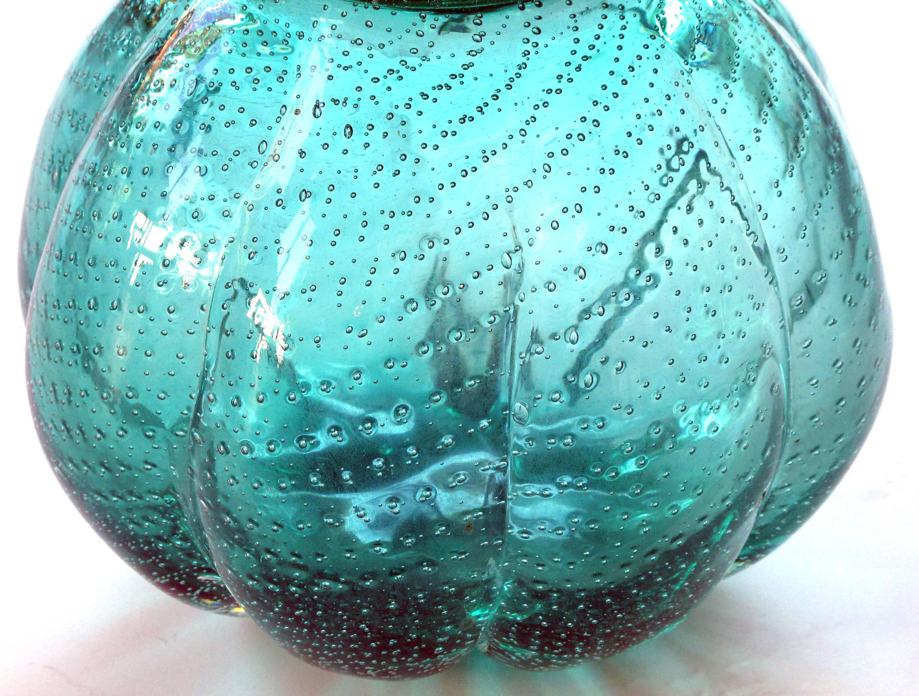Whimsical Murano 1950s Teal Art Glass Gourd with Lid In Excellent Condition In San Francisco, CA