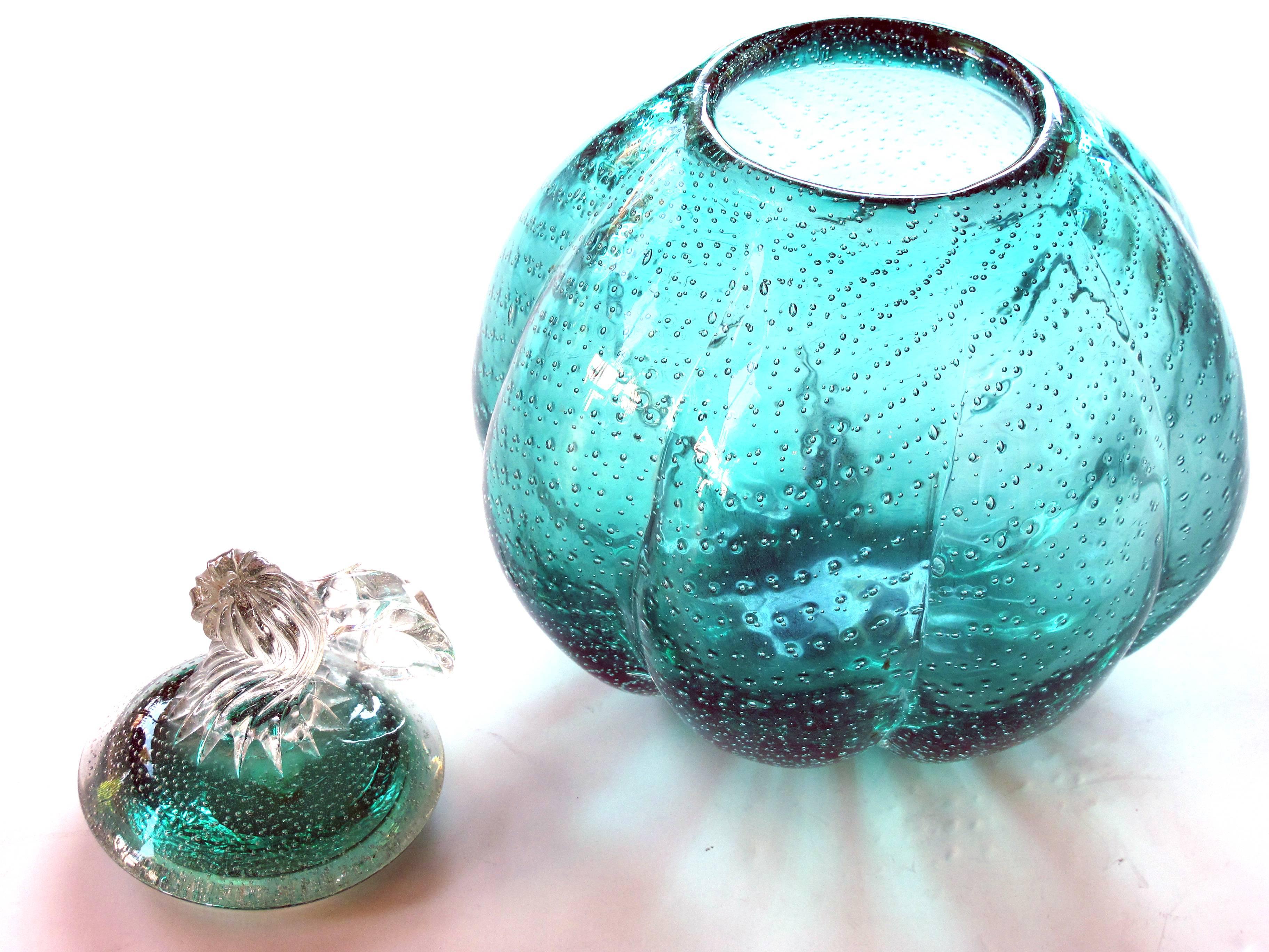 Italian Whimsical Murano 1950s Teal Art Glass Gourd with Lid