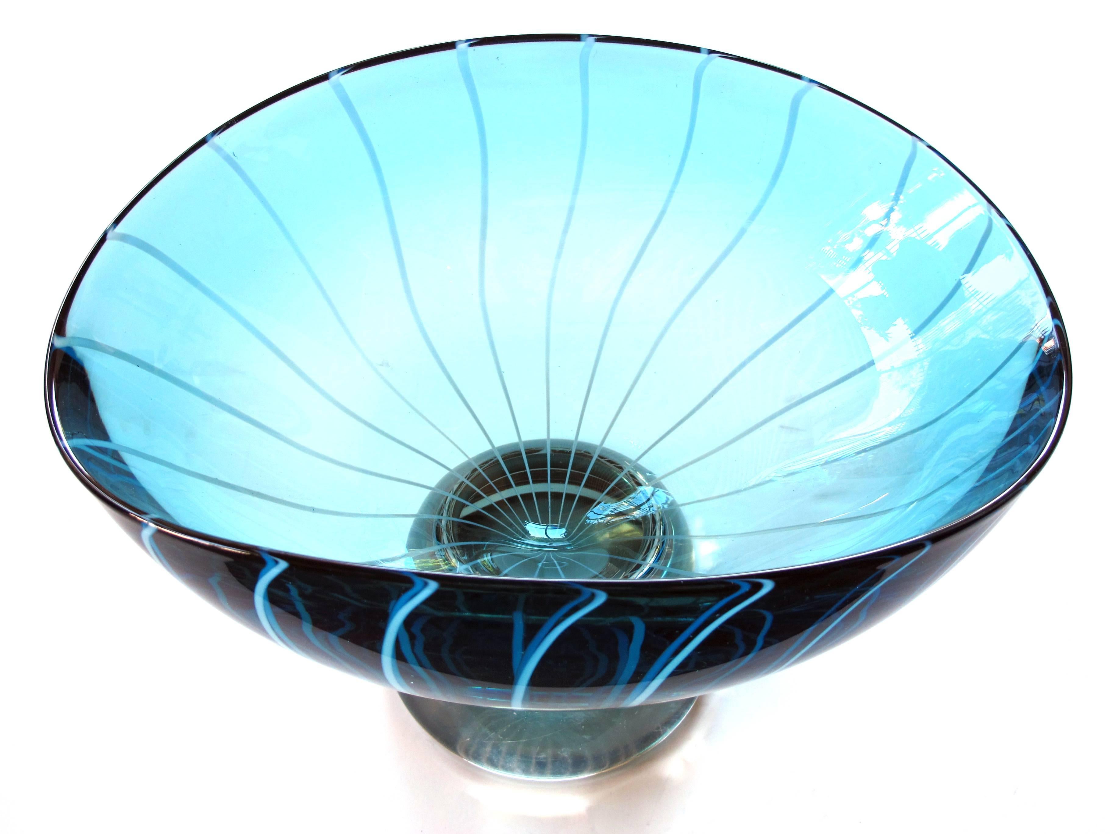 Italian Large-Scale Murano 1960s Teal Art Glass Bowl with White Swirl Decoration