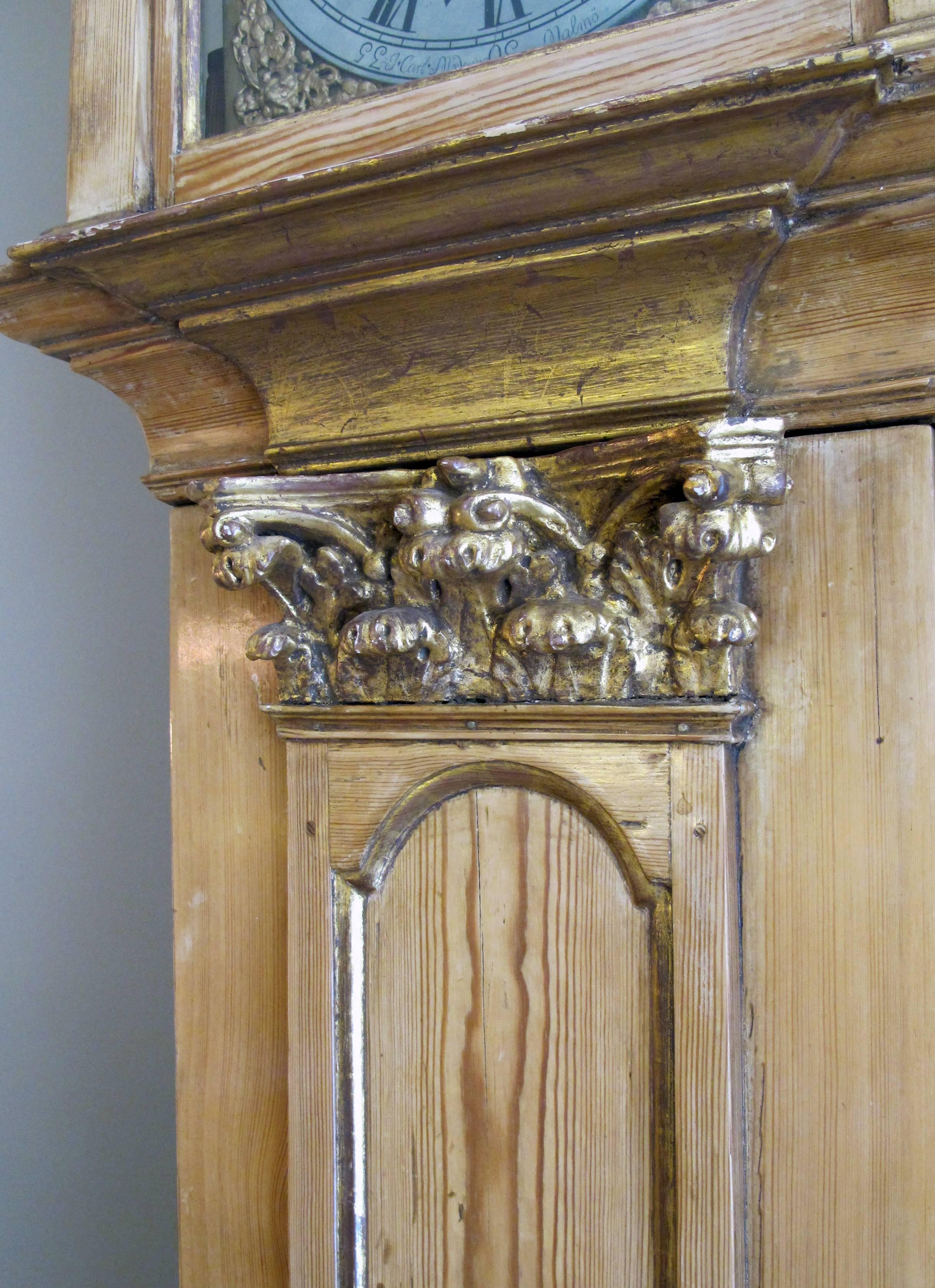 18th Century Stately Swedish Gustavian Pine Freestanding Clock with Gilt Highlights