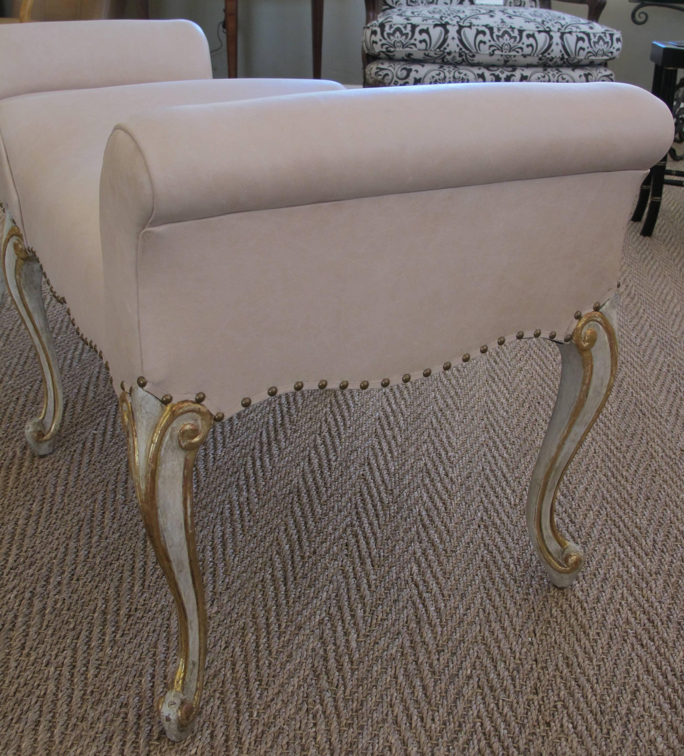 Shapely French Louis XV Style Pale Green Painted and Parcel-Gilt Bench 1