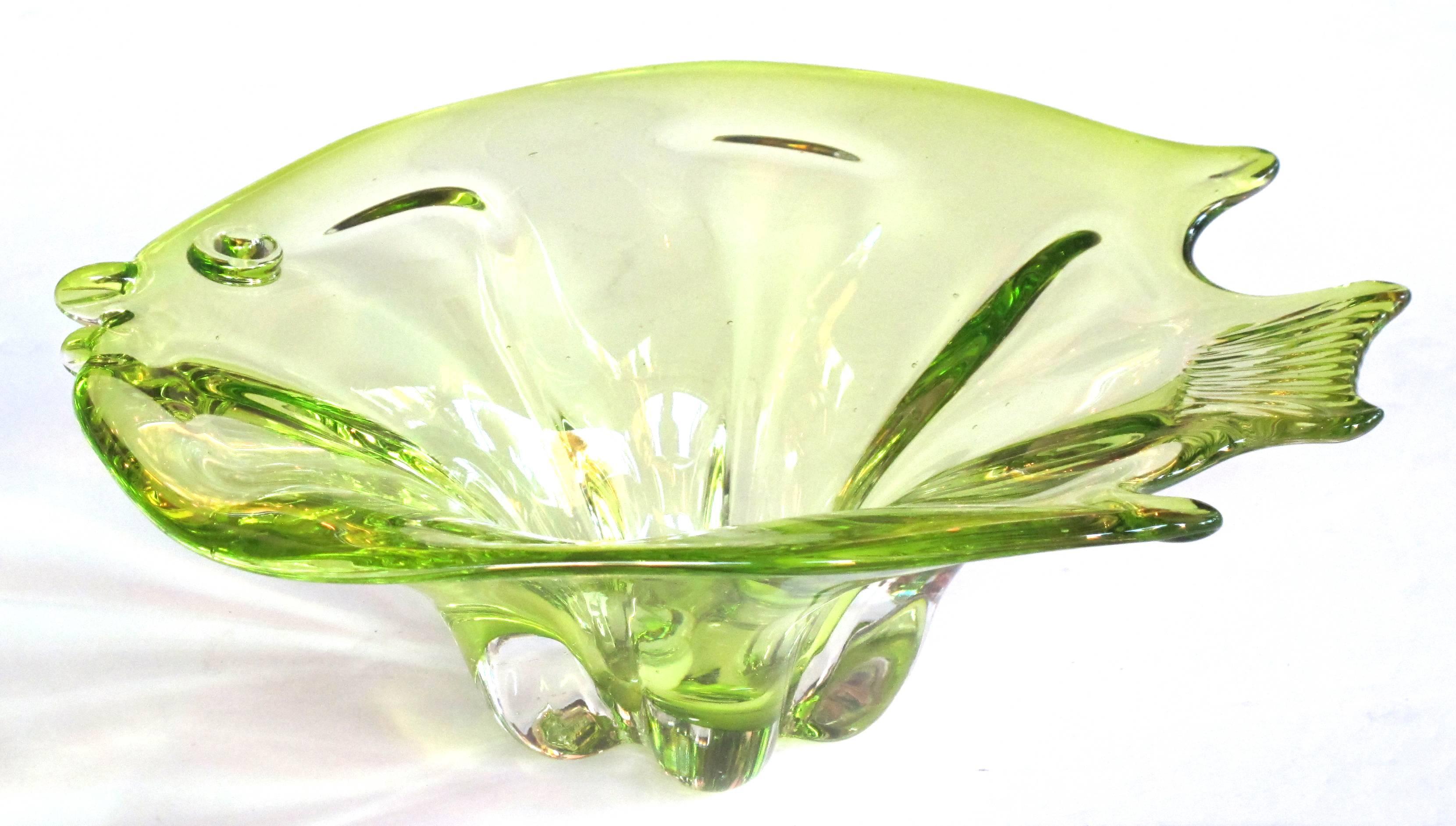 A playful Murano Mid-Century acid green art glass bowl of a fish.