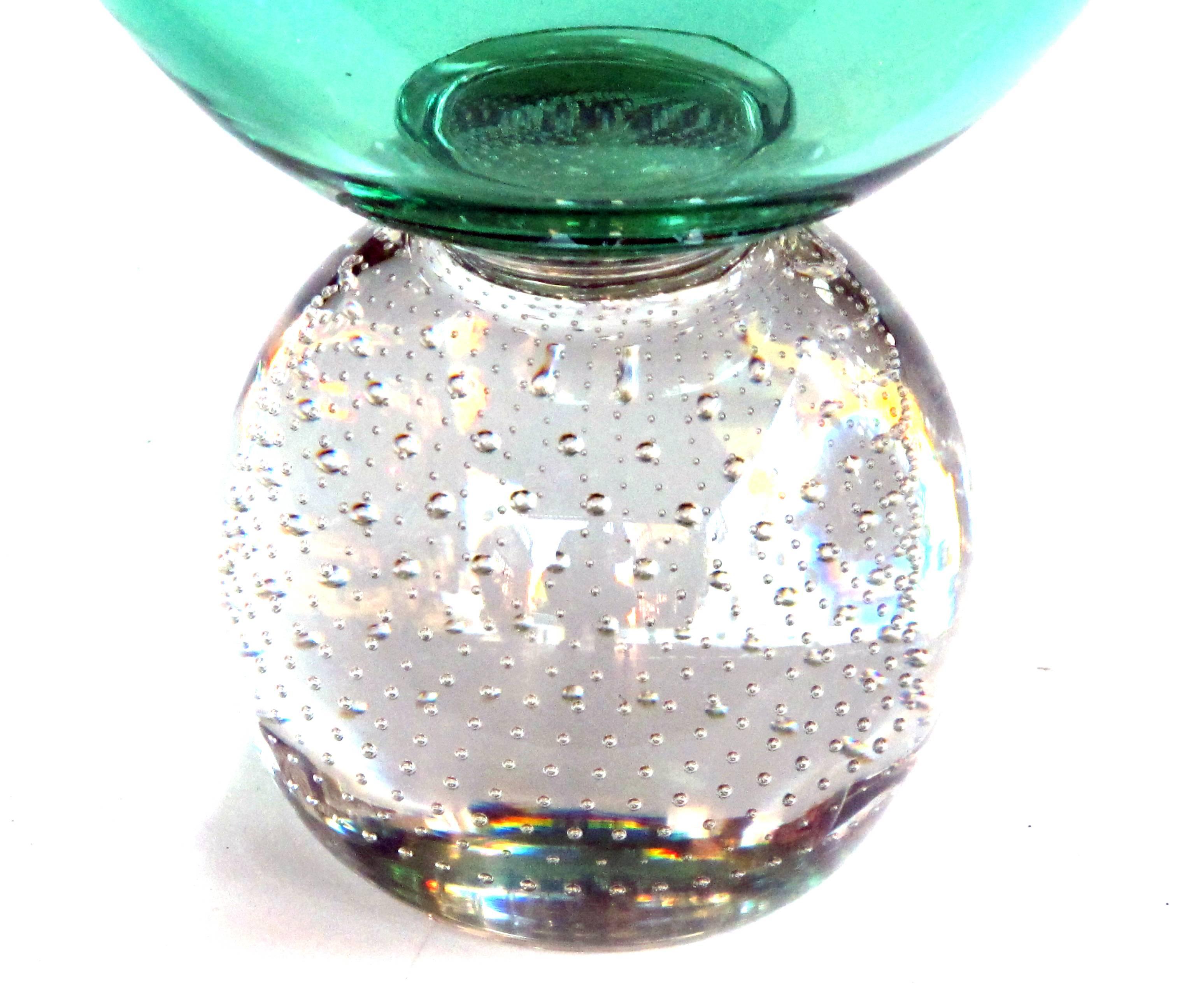 Mid-20th Century Shapely American Mid-Century Emerald-Green Pedestal Vase; Pairpoint Glassworks