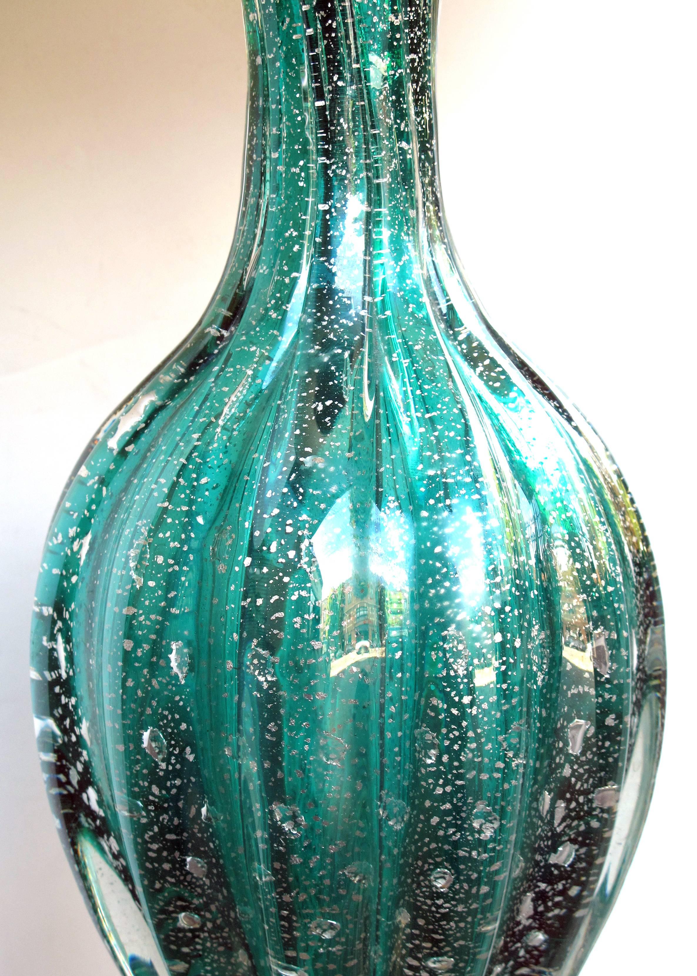 Italian Luminous Murano Teal Art Glass Silver Aventurine Bullicante Lamp, Barovier Toso For Sale