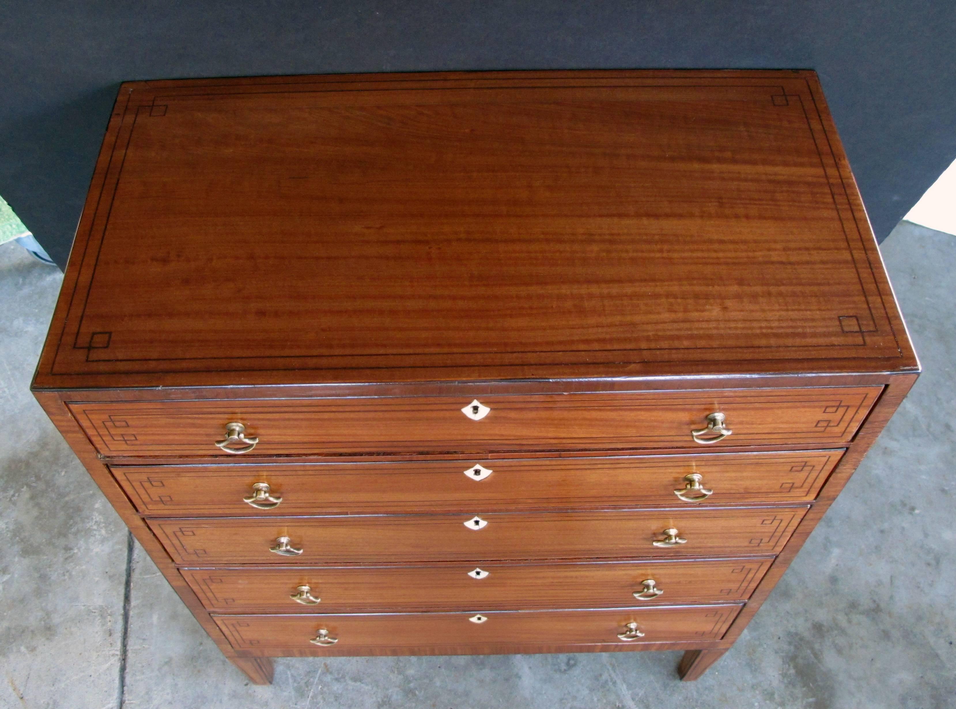 British Tailored Pair of English Edwardian Tiger-Mahogany Five-Drawer Bedside Chests