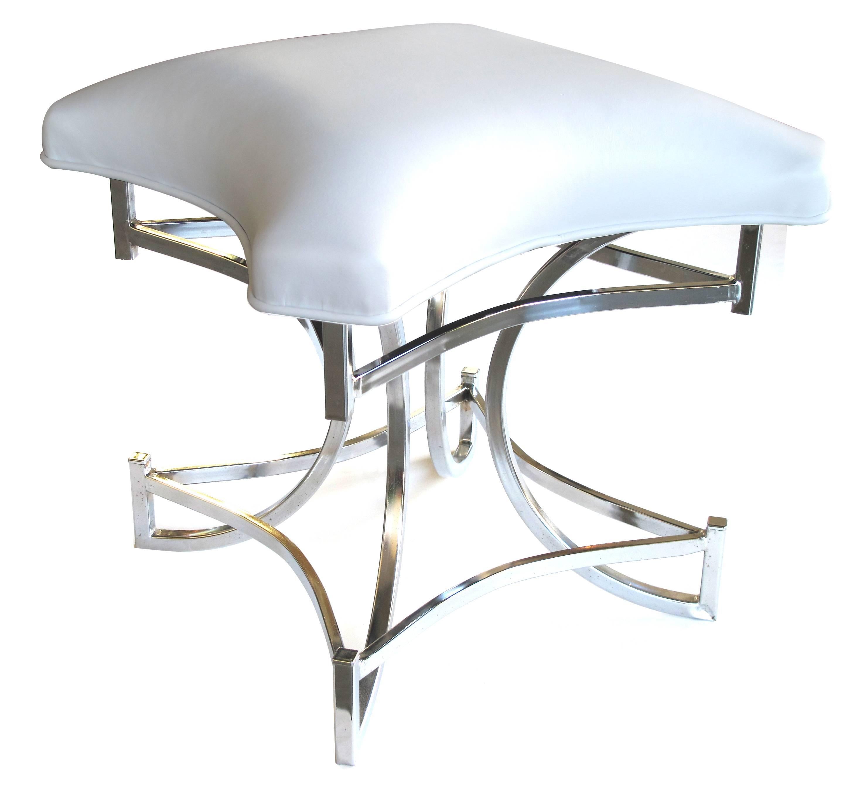 Modern Mod Pair of American 1970s Square-Form Chrome Stools with White Leather Seats