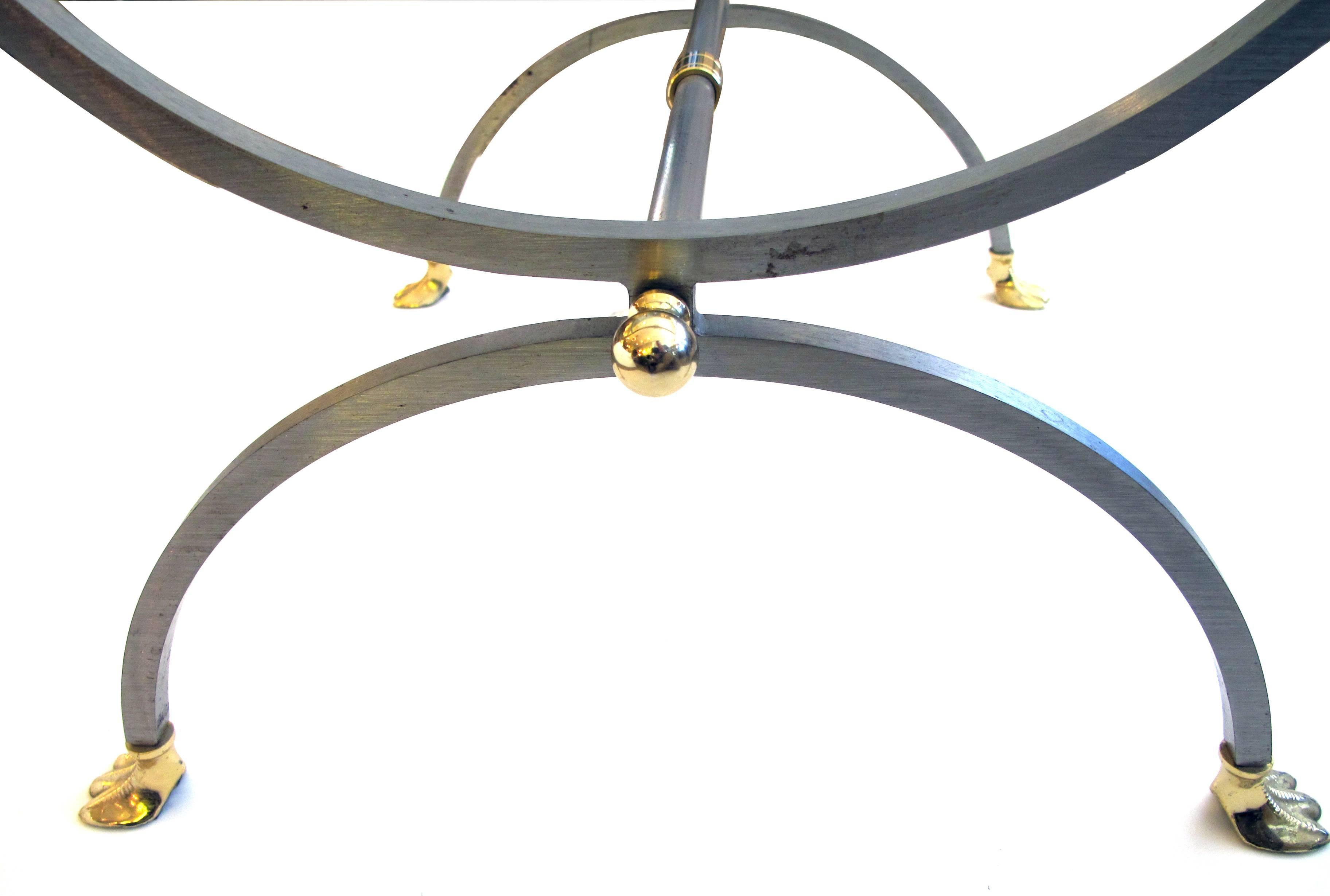 Mid-Century Modern Good Quality French Brushed Steel & Brass Side table w Glass Top & Swan Supports For Sale