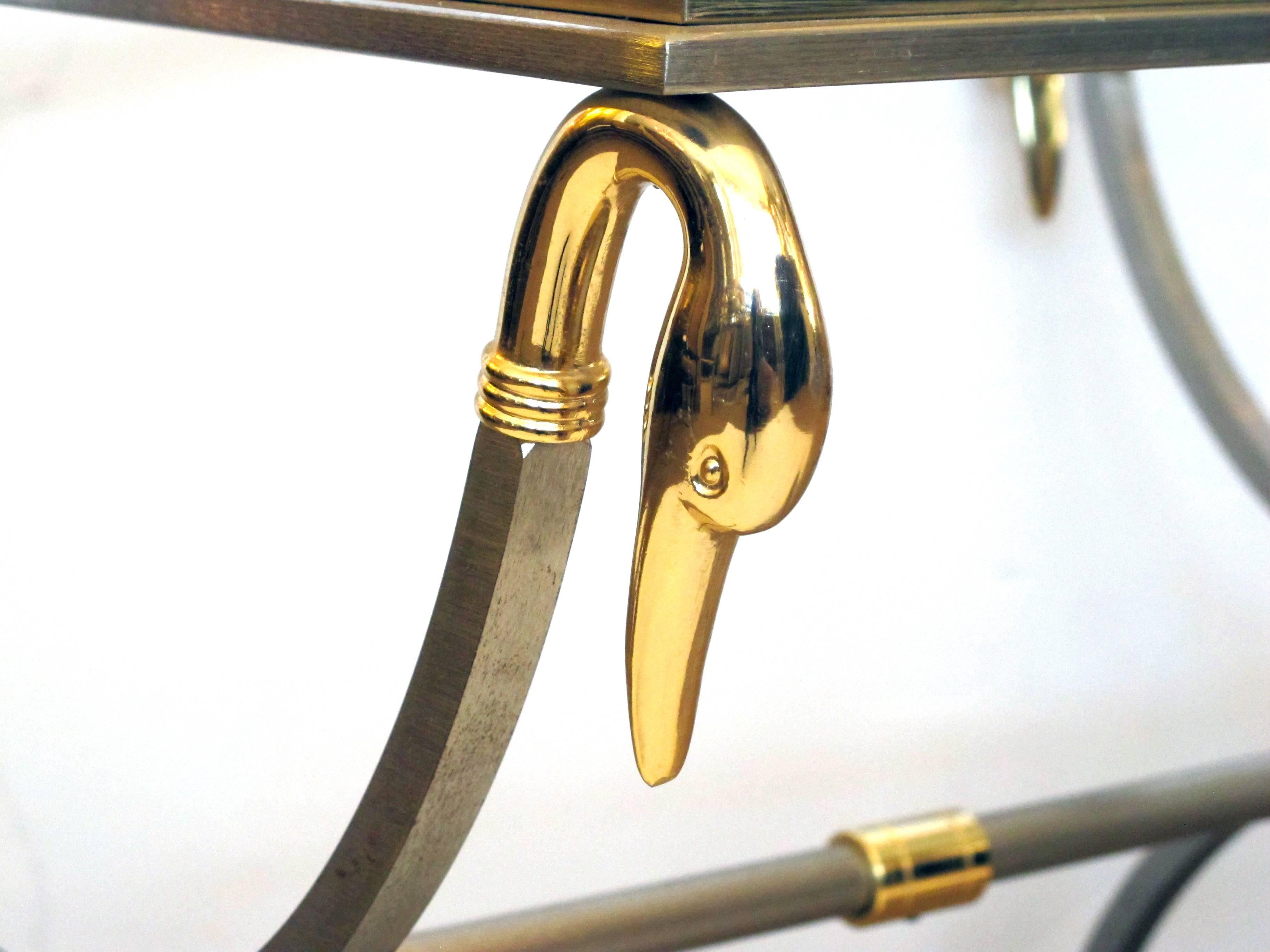 Mid-20th Century Good Quality French Brushed Steel & Brass Side table w Glass Top & Swan Supports For Sale