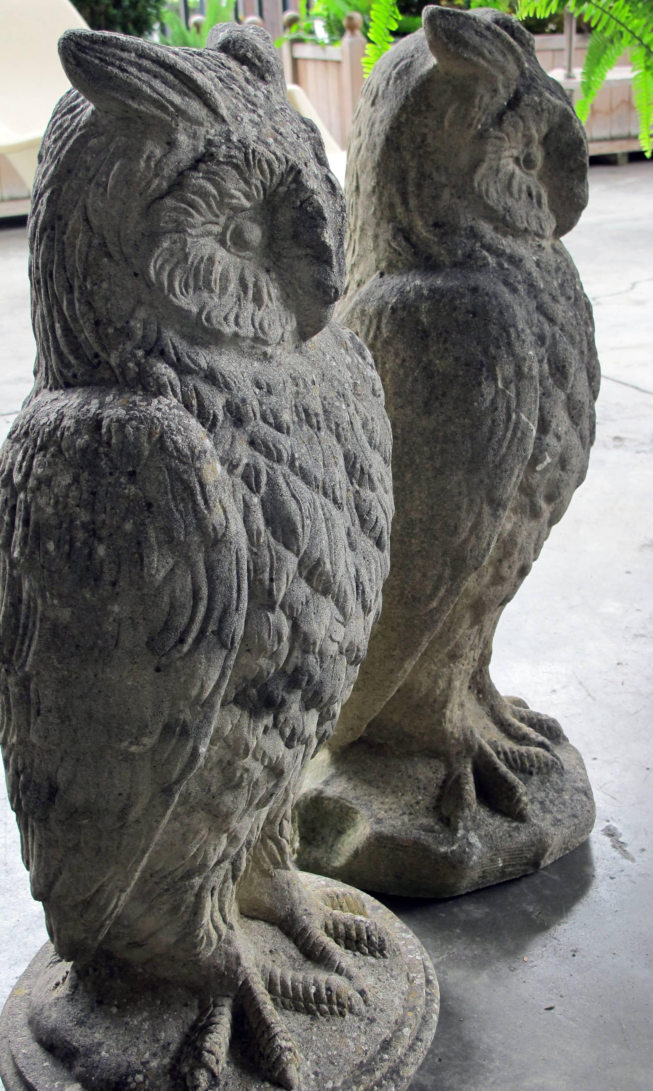 Pair of Large Stoic English Cast Stone Owls In Good Condition In San Francisco, CA