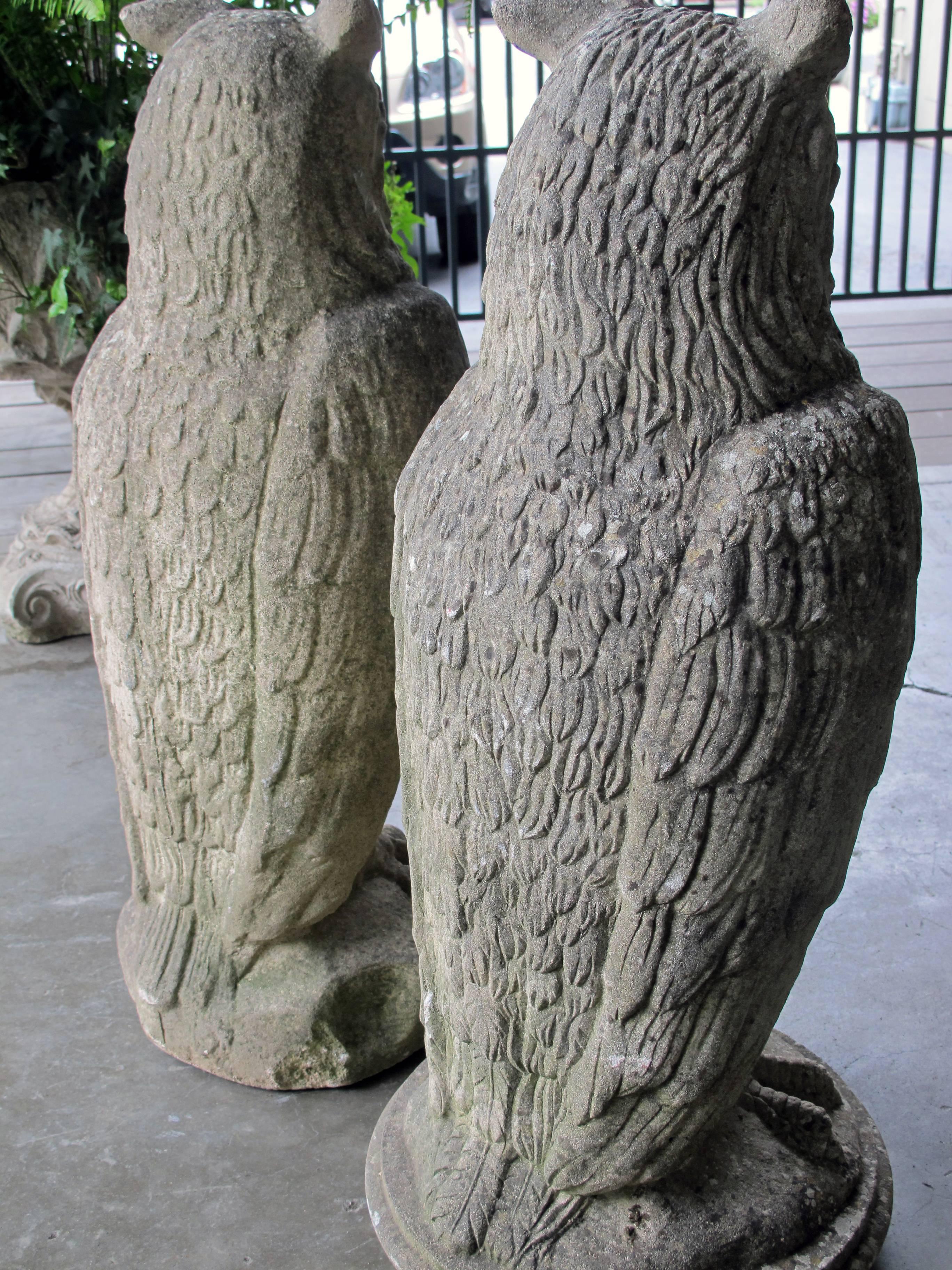 Early 20th Century Pair of Large Stoic English Cast Stone Owls