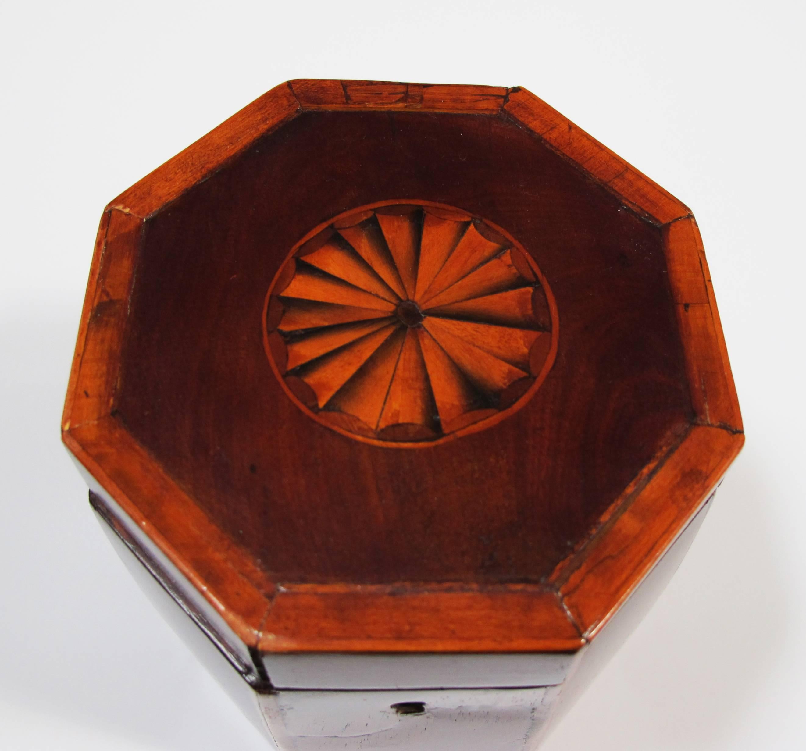 A shapely English Georgian octagonal lidded tea caddy with shell inlay; the octagonal lid centering an inlaid shell medallion all-over a conforming body.
