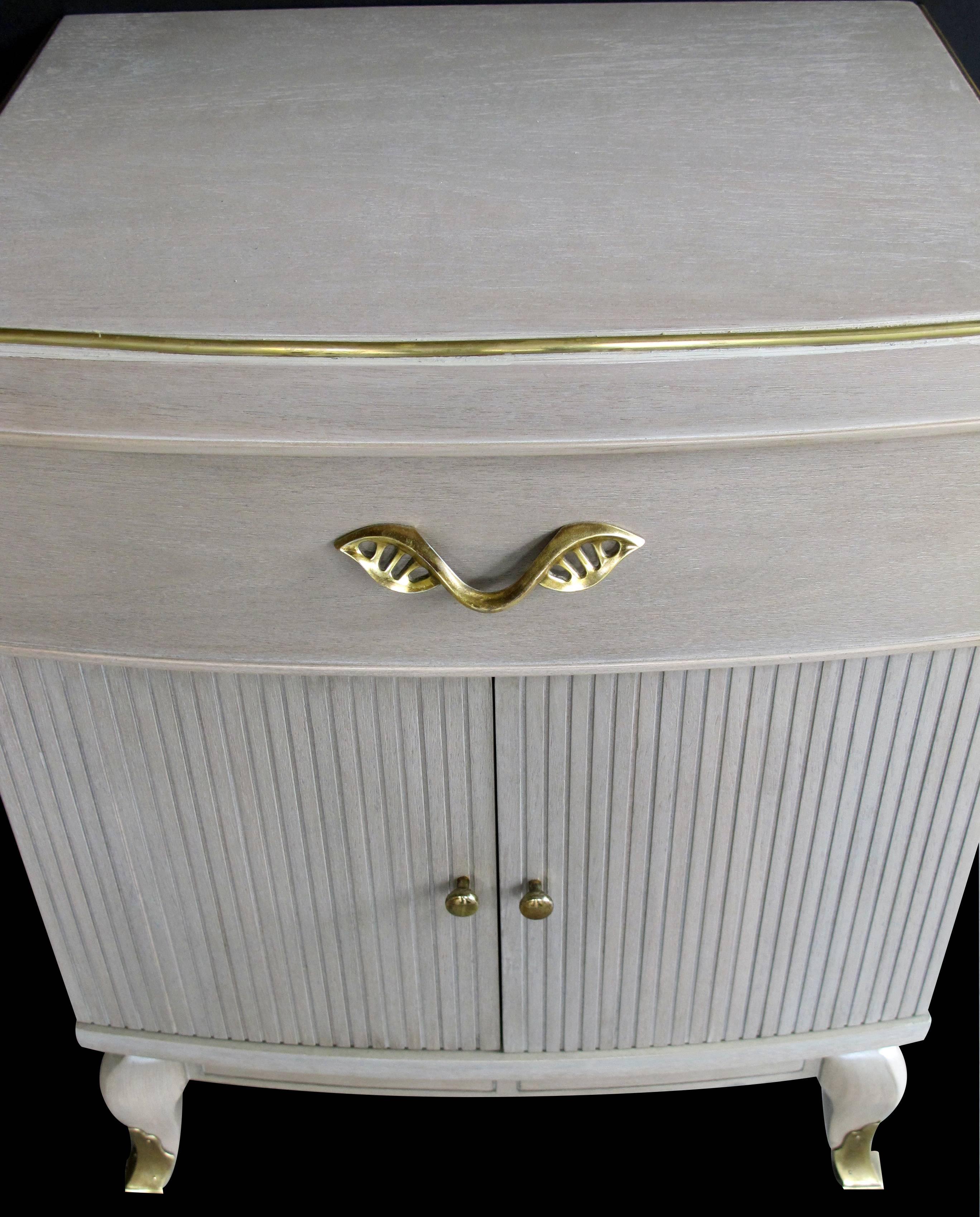 Mid-20th Century Solid Pair of American Cerused Oak Bowfront Bedside Cabinets by RWAY Furniture