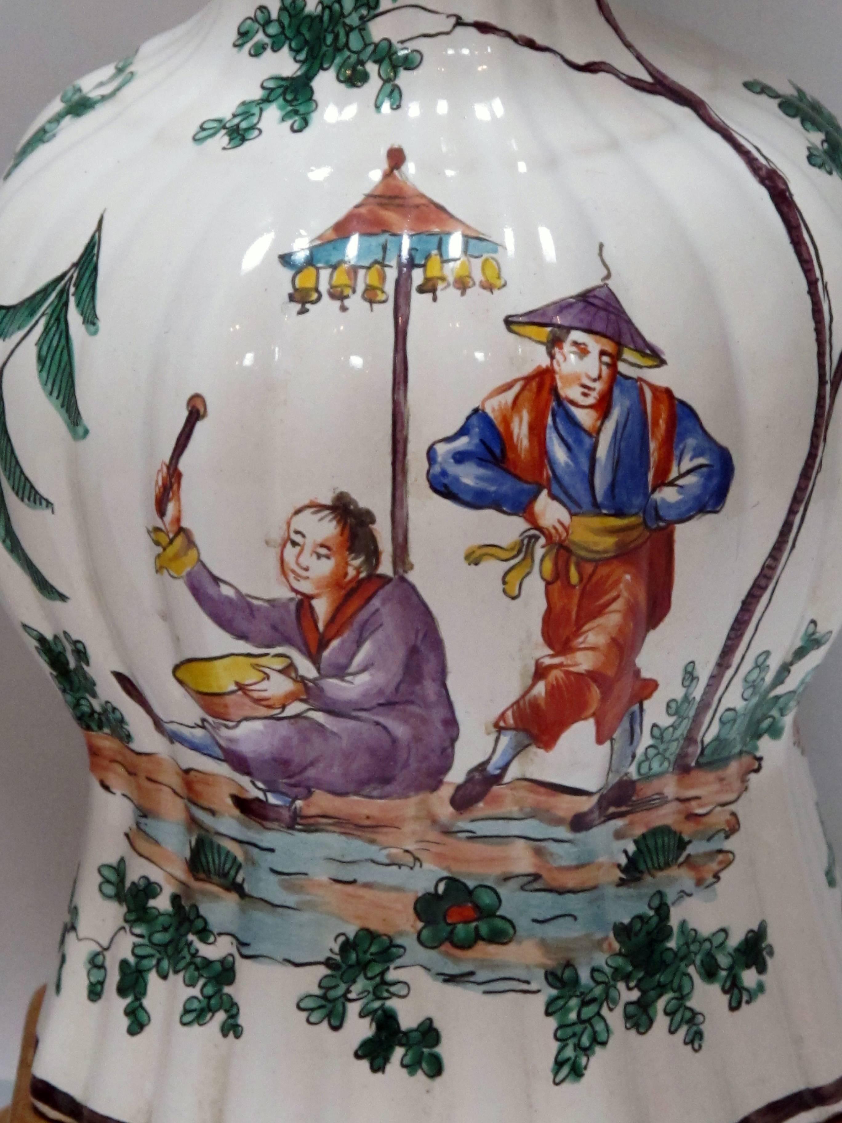 Good Pair of French Moustiers Faience Chinoiserie Style Knobble Vase Lamps In Excellent Condition In San Francisco, CA