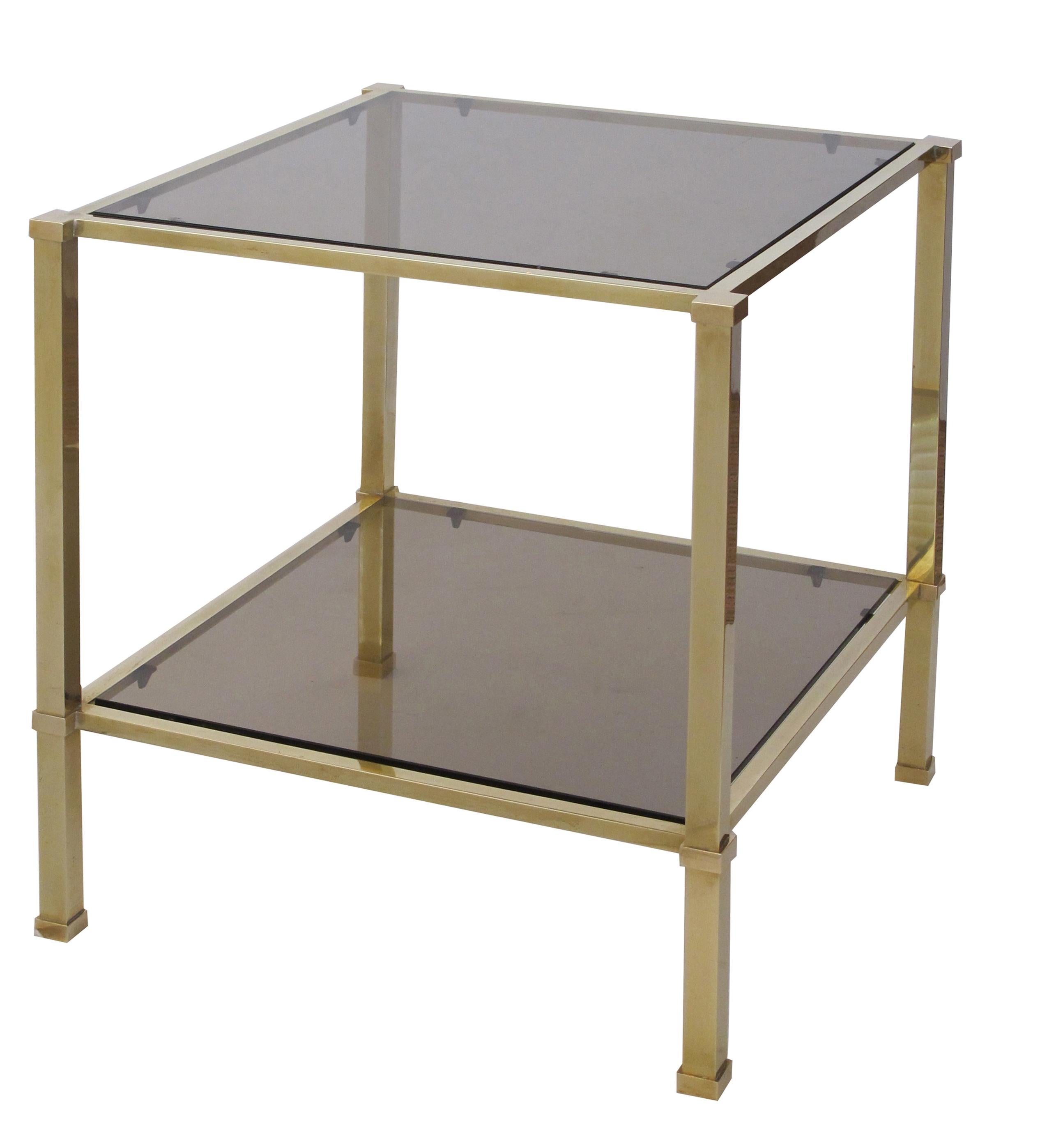 Modern Good Quality Pair of French 1970s Solid Brass & Smoked Glass Square Side Tables For Sale