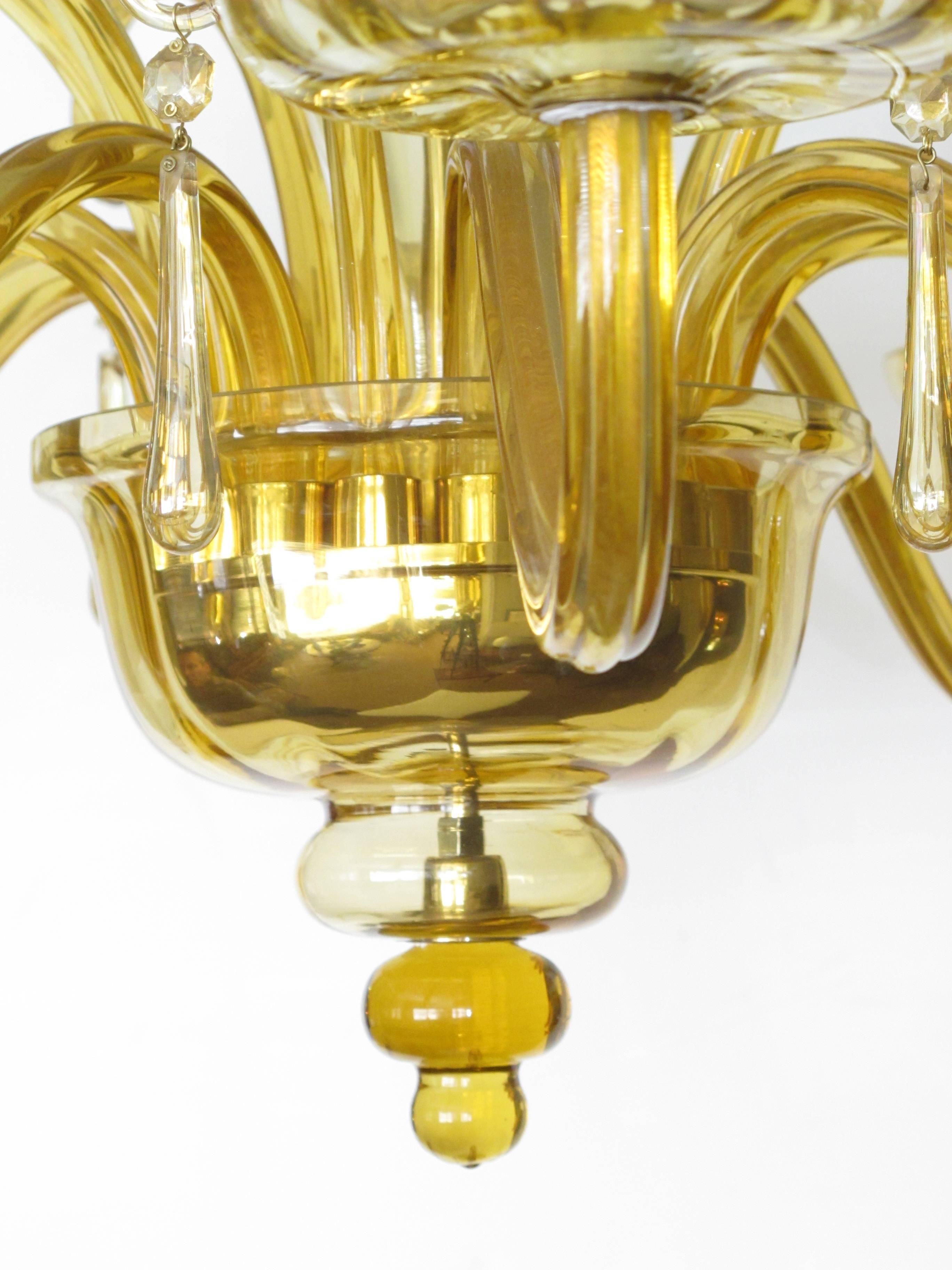 Richly-Colored Murano, 1960s Butterscotch Glass Six-Light Chandelier In Excellent Condition In San Francisco, CA